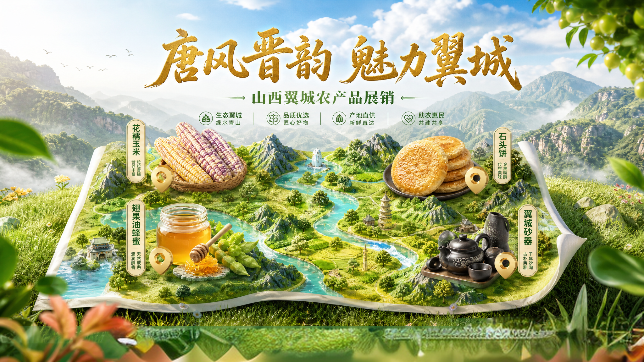 画面底部放翼城的翅果油花，草地 - 图片创意预览