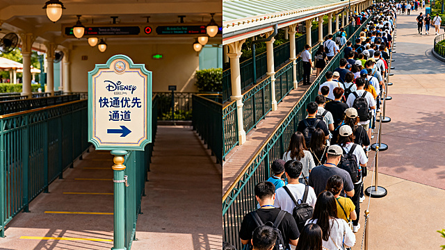 迪士尼实景对比图，左半部分是迪士尼快通优先通道标识，通道几乎没人，右半部分是普通游客通道，超长队伍在排队，真实摄影风格，对比强烈