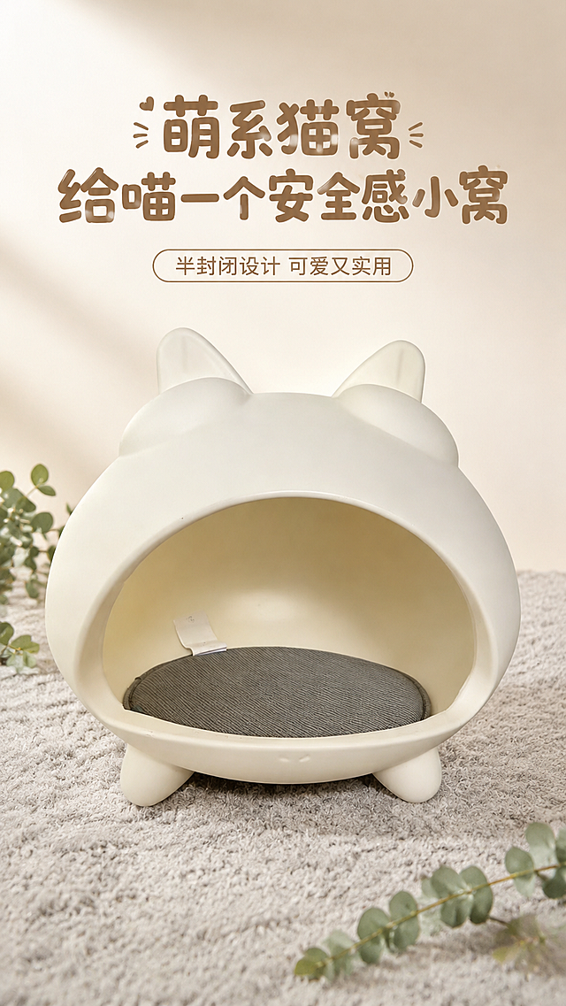 [第1屏] 详情页头图-奶油风猫形猫屋主视觉宣传图，展示猫屋全貌
[氛围/风格] 温馨治愈奶系家居风，柔和自然光影，宠物用品商业摄影质感
[元素布局] 使用【图5】作为猫屋主体参考，保持猫屋整体米白外壳、奶黄内衬、灰色内垫、短四脚、猫耳朵造型的物理结构、材质质感、颜色完全一致。猫屋主体放置在画面中心，占据画面约65%区域。背景为浅奶杏色，加入柔软浅灰色地毯和几支浅绿色尤加利叶作为装饰点缀，营造温馨家居氛围，不抢猫屋主体风头。
[光影质感] 顶部柔光主光源，侧面柔和辅光，底部形成自然浅投影，整体明亮通透，猫屋塑料材质质感清晰，边缘真实自然
[配色色系] 全局底色 #FAF6F0（浅奶杏），主体配色 #FFFFFF（猫屋外壳）+ #F9F0DC（内衬）+ #8C8C8C（灰色内垫），辅助色 #E8F3E8（浅绿叶子）
[视角构图] 正面平视视角，猫屋位于画面视觉中心，景深适中，主体突出
[文字版式] 顶部中心放主标题，主标题下方放副标题。主标题"萌系猫窝 给喵一个安全感小窝"，圆润可爱字体，暖棕色；副标题"半封闭设计 可爱又实用"，小号圆角字体，浅棕色。文字都位于顶部，不遮挡猫屋主体。
[比例分辨率] 9:16 竖版比例，4K分辨率，文字清晰可辨
[负向提示词] 猫屋结构变形，猫耳朵缺失，颜色偏差，水印，文字错乱，产品图模糊，背景杂乱