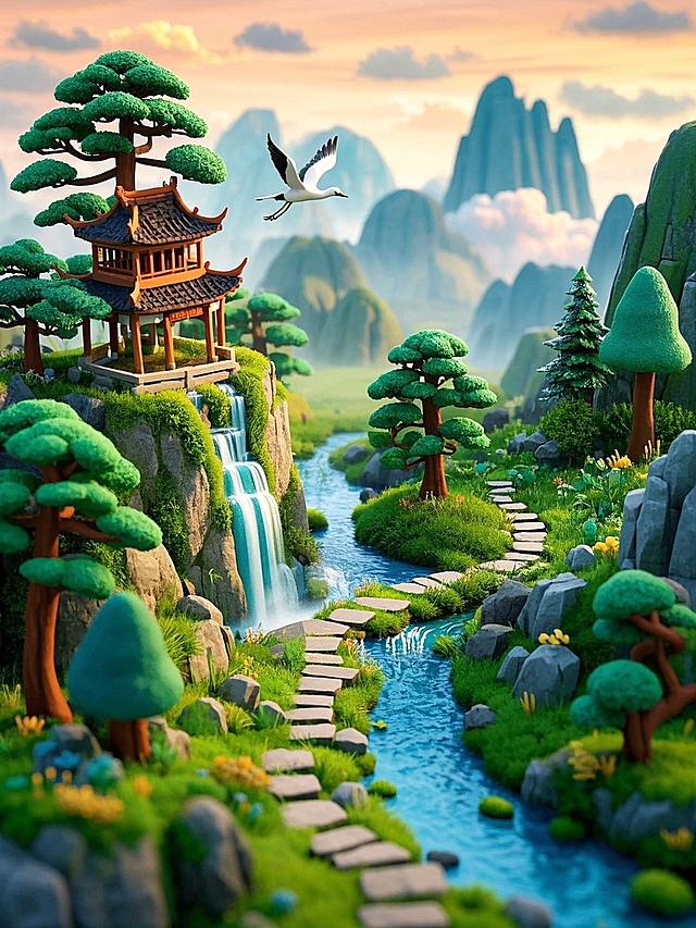 中式水墨意境与3D微缩艺术融合，水彩般的清新色调营造梦幻静谧之境，亭台流水间透出柔和舒适感，虚拟自然之美跃然眼前。