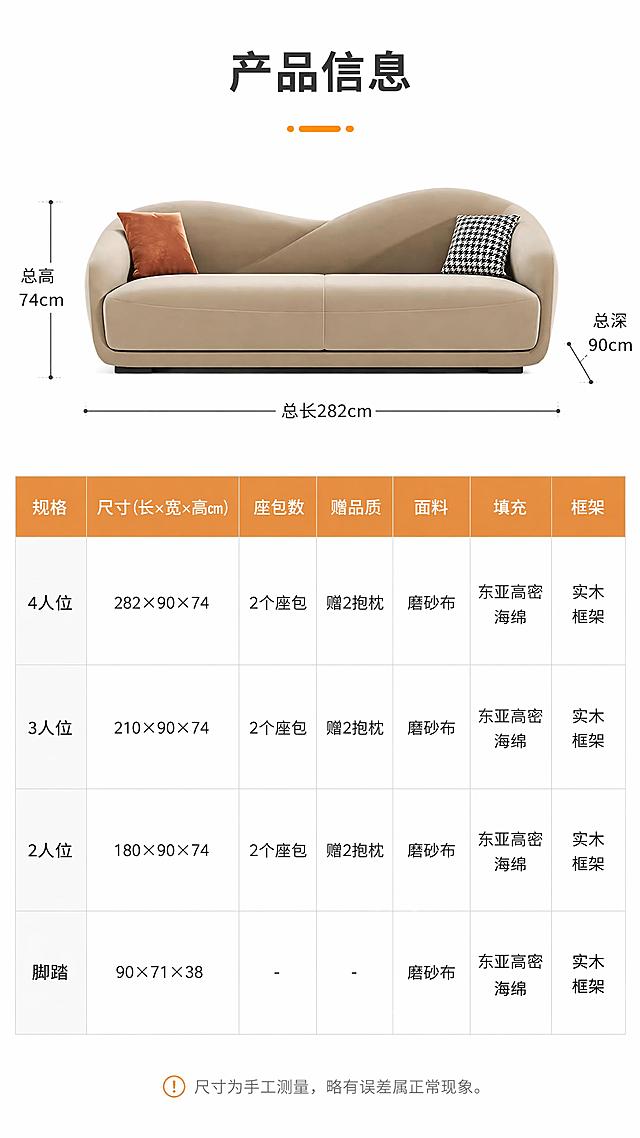 [第8屏] 产品信息-规格参数表+各尺寸明细。本屏使用【图1】作为沙发正视图参考，配合参数表格。
[氛围/风格] 专业参数信息风，清晰规整，白底信息页风格。
[元素布局] 上半部分为沙发正面正视图（使用【图1】保持米杏色磨砂布外观一致），占比约40%，沙发四周有尺寸引线标注总长、总高、总深；下半部分为规整的参数表格，列出各规格详细参数；背景为纯白色，干净清爽。
[光影质感] 均匀平光，沙发正视图清晰，表格线条分明，整体明亮干净。
[配色色系] 全局底色 #FFFFFF（纯白）；主色米杏沙发；辅助色深灰表格线、黑色正文、橙色表头高亮。
[视角构图] 上下分区，上图下表，阅读动线顶部产品图 → 中部参数表 → 底部售后说明。
[文字版式] 顶部标题「产品信息」；参数表包含列：规格、尺寸（长×宽×高cm）、座包数、赠品质、面料、填充、框架；行分别为4人位（282×90×74，2个座包，赠2抱枕）、3人位（210×90×74，2个座包，赠2抱枕）、2人位（180×90×74，2个座包，赠2抱枕）、脚踏（90×71×38，-，-）；面料统一填「磨砂布」，填充「东亚高密海绵」，框架「实木框架」；底部小字标注「尺寸为手工测量，略有误差属正常现象」。表格清晰，字号适中，手机端可读。
[比例分辨率] 9:16竖版比例，4K分辨率，文字清晰可辨，高清画质。
[负向提示词] 表格变形，文字错乱，文字过小，水印，沙发变形，颜色偏差，背景杂乱。
