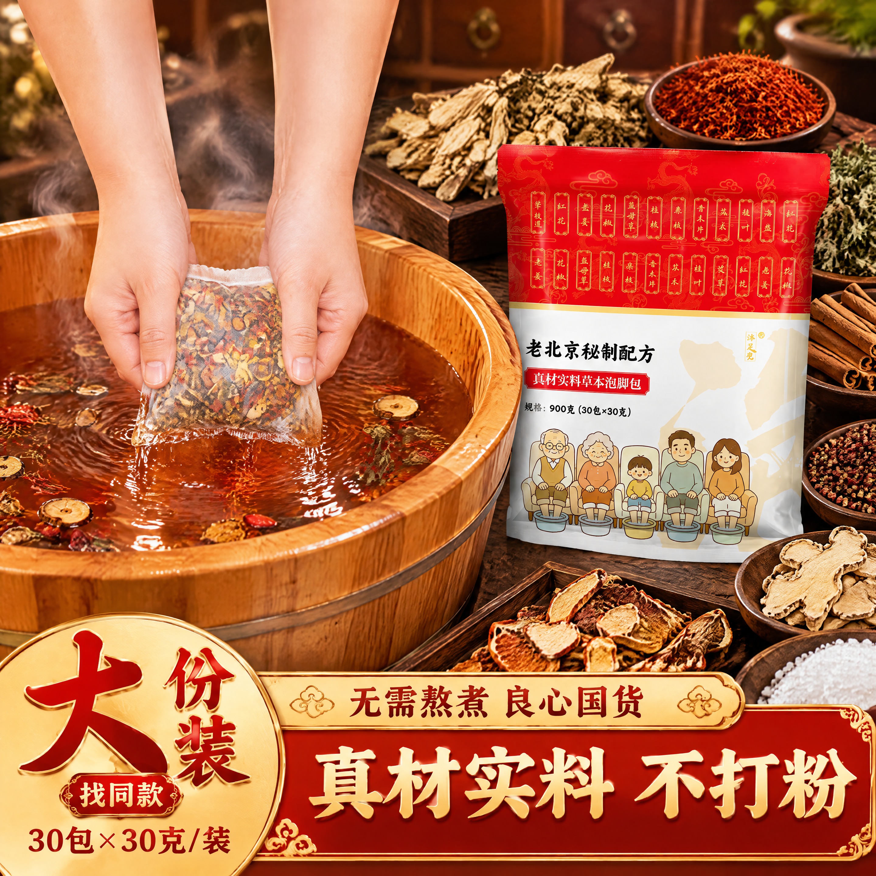 第一张图是我方产品（老北京秘制配方草本泡脚包，红色包装，规格9… - 图片创意预览