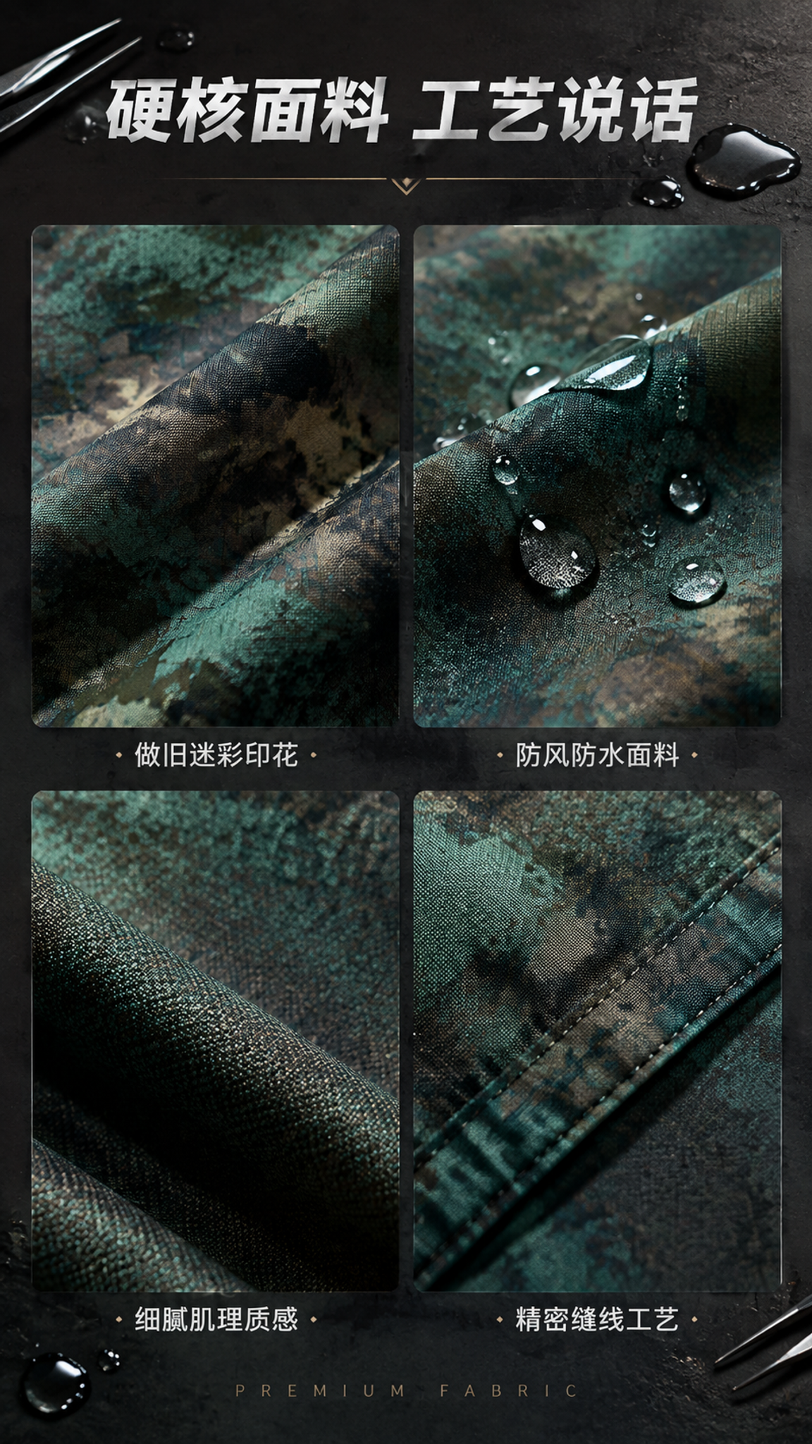 [第4张] 详情页面料工艺-复古做旧迷彩连帽夹克面料与印花细节… - 图片创意预览