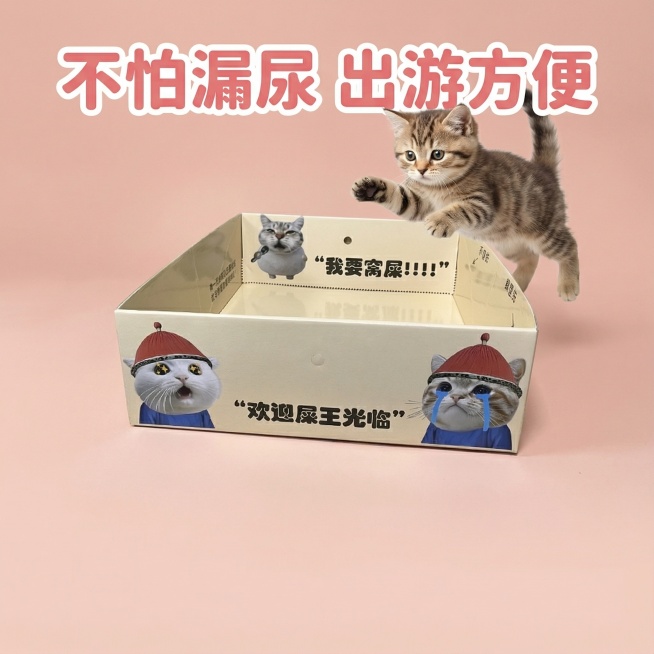 这张图片是产品主体这款产品是一次性猫砂盆 产品主体颜色不改变 我需要设计20张主图在拼多多上面售卖   主图场景布局设计用小猫等 等背景元素 整体色调暖色，可爱 显得高级一些  主图文案内容 月刨猫砂预览效果