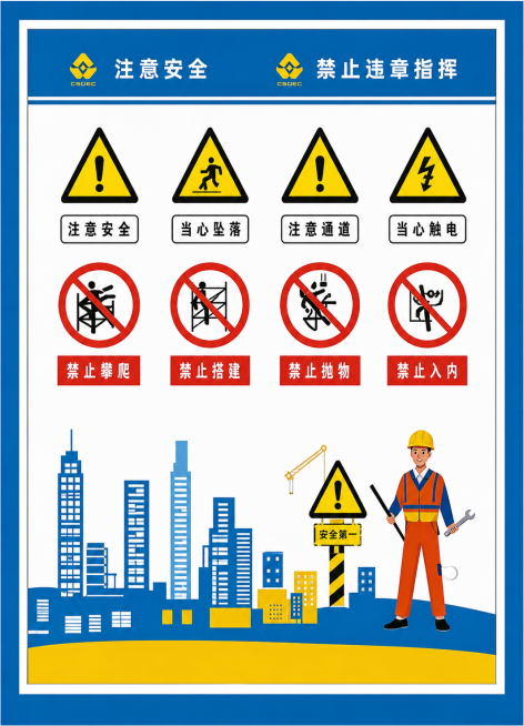 从这张图片中截取左侧面工地安全警示标识广告图，保持清晰和内容完整预览效果