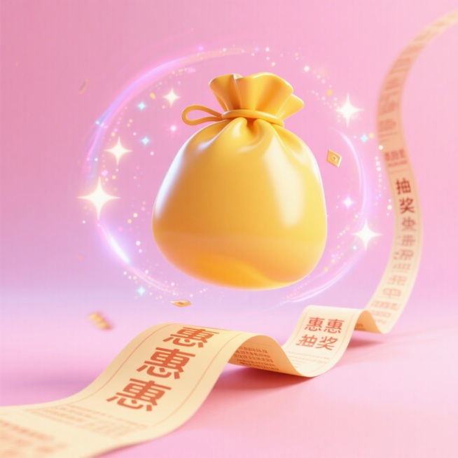 一个黄色旋转无字福袋，后面有梦幻粒子。行驶在写满“惠惠惠”的超长抽奖券的S形路径上。淡粉色渐变背景。预览效果