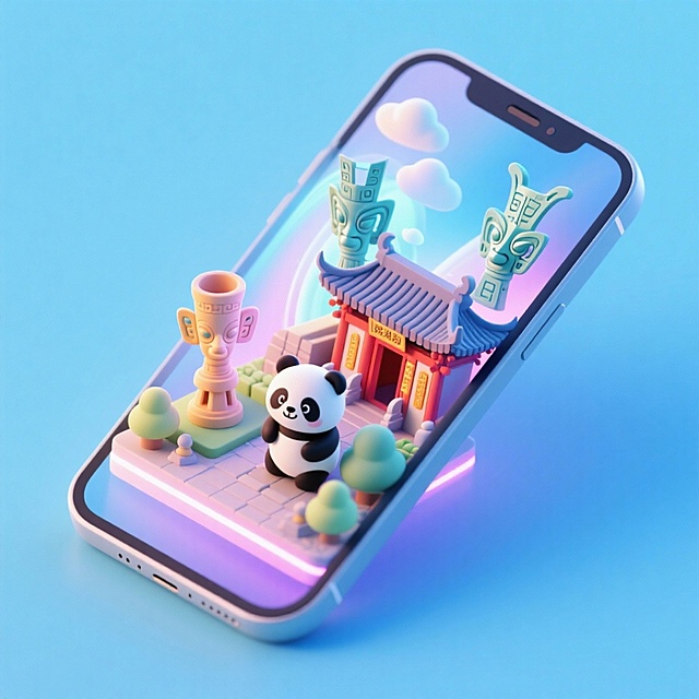 一个手机创意微缩场景，手机平放，侧面对着观众，手机俯视角度，立体的成都景观从屏幕内出来，有熊猫，三星堆，武侯祠，整体色调立体魔幻。青色背景。具有梦幻感,打光营造出柔和氛围强调梦幻和未来感的美学。