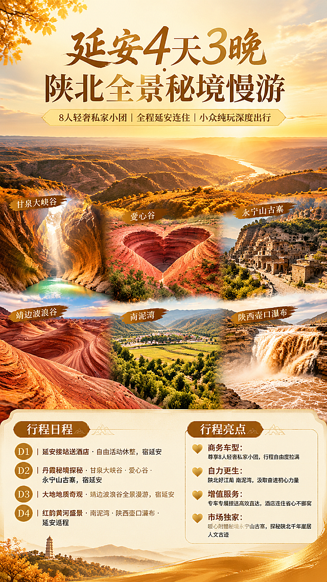 高端轻奢陕北文旅宣传海报，壮阔辽阔的黄土高原风光，暖调秋日高级质感，画面融合陕北核心精华景点。囊括光影梦幻甘泉大峡谷、网红爱心谷心形丹霞地貌、千年崖居永宁山古寨、线条震撼靖边波浪谷、红色沃土南泥湾、奔腾雄浑的陕西壶口瀑布。整体构图简约大气、光影通透立体、色彩治愈高级，画面干净无杂物，8K超高清商用画质。

版式精美，竖版9:16海报，顶部主标题区居中大字号，中部为陕北金秋全景风光主视觉，底部为行程信息卡片与亮点区域。暖金秋黄色调为主，搭配丹霞红、黄河金、黄土褐，高级轻奢质感。

画面中必须完整呈现以下文字信息：
主标题："延安4天3晚 · 陕北全景秘境慢游"
副标题："8人轻奢私家小团｜全程延安连住｜小众纯玩深度出行"
行程日程：
"D1｜延安接站送酒店 · 自由活动休整，宿延安"
"D2｜丹霞秘境探秘 · 甘泉大峡谷·爱心谷·永宁山古寨，宿延安"
"D3｜大地地质奇观 · 靖边波浪谷全景漫游，宿延安"
"D4｜红韵黄河盛景 · 南泥湾·陕西壶口瀑布 · 延安返程"
行程亮点：
"❤商务车型：尊享8人轻奢私家小团，行程自由度拉满"
"❤自力更生：陕北好江南 南泥湾，汲取奋进初心力量"
"❤增值服务：专车专属接送高效直达，酒店连住省心不挪窝"
"❤市场独家：暖心附赠秘境永宁山古寨，探秘陕北千年崖居人文古迹"

画面中所有数字必须精确渲染，不得错位、遗漏或编造。
画面中所有信息区域、行程卡片、亮点列表必须填充完整合理的内容，不得出现空白框、空白占位、横线待填写区域、空列表项、空单元格；确保是完整可用的成品海报而非待填写模板。
画面中不出现任何二维码或二维码占位符。