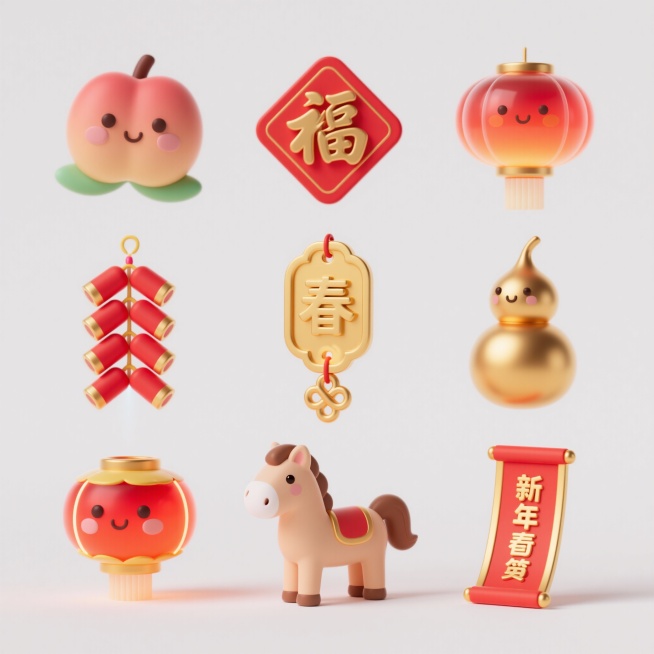 创作一组清新可爱的新年 ICON。核心创意为新春民俗主题图标集合，扁平化风格，多细节高质量，采用红色、黄金色低饱和度的色调，元素具有通透的玻璃渐变层次与立体质感。 元素细节与布局: 图标集合：共 9预览效果