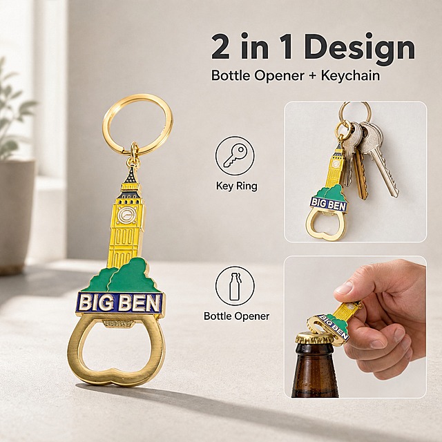 [主图-2] Big Ben Bottle Opener Keychain 二合一功能展示图，核心卖点：开瓶器+钥匙扣双重用途。
[统一基调] 欧美克制专业信息图风格，低饱和中性色，真实自然光，重材质与可信感；全套统一浅灰/米白中性色家族，标题字色深炭灰，辅助字色中灰，强调色用金色点缀，字体为无衬线粗体+常规体组合，组件样式为极简细线图标与圆角浅灰卡片。
[画面] 产品主体位于画面中央偏左，占比约55%，45度微俯视角展示完整造型。右侧为功能证据区：上方是钥匙扣使用示意——产品钥匙圈上串着2-3把简约金属钥匙，自然垂挂状态；下方是开瓶器使用示意——一只自然放松的欧美男性右手（仅手腕与手部可见）正用产品底部开瓶口卡住一瓶棕色玻璃啤酒瓶的瓶盖，呈现开启瞬间的稳定状态，接触点真实自然。背景为浅米灰色渐变桌面+浅灰墙面的极简生活场景，光线柔和。
[光影质感] 真实自然光质感，主光从左侧窗户方向射入，产品与道具都有自然投影，金属材质反光细腻，玻璃酒瓶有通透感，手部皮肤质感真实。
[配色] 背景浅米灰与浅灰，产品金/黄/绿/蓝，啤酒瓶棕色，整体低饱和，金色作为功能高亮点缀。
[文字版式] 画面右上角有大号英文主标题"2 in 1 Design"，下方小号副标题"Bottle Opener + Keychain"；两个功能点旁各有一个细线圆形图标和短标签：钥匙图标配"Key Ring"，开瓶图标配"Bottle Opener"。所有文字为深炭灰色无衬线字体，标题粗体，标签常规体，放在负空间不遮挡产品主体。
[输出要求] 比例1:1，产品清晰，功能表达直观，文字清晰可读，无变形、错字、模糊、杂乱、水印、平台Logo。手部姿态自然，无畸形手指或穿模。