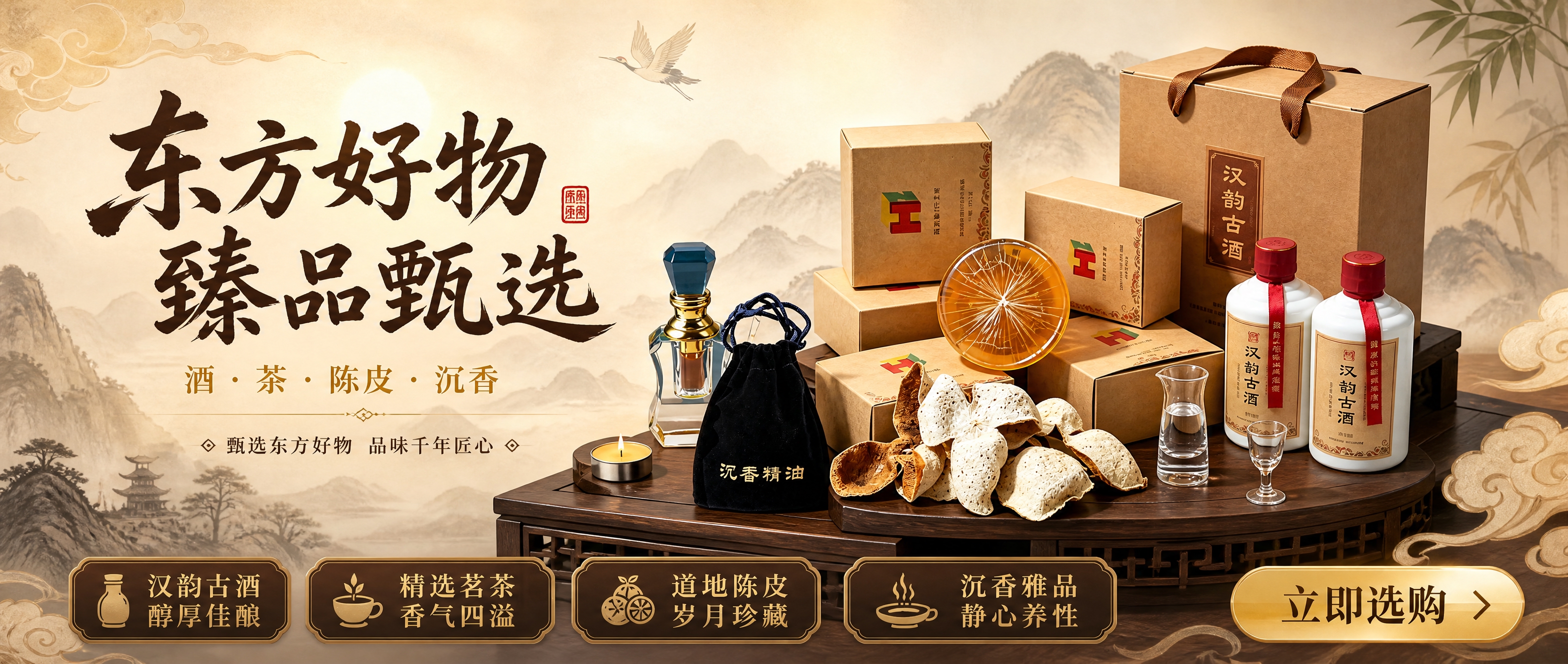 一张线上商城东方好物甄选的超宽横版轮播Banner海报，新中式… - 图片创意预览