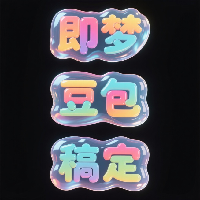 3个Q版图标（元素独立区域）：分别写着“即梦”“豆包”“稿定”字样。撞色，高级，多巴胺，啫喱风格，透明感，黑色的背景，上下两行对齐排列预览效果