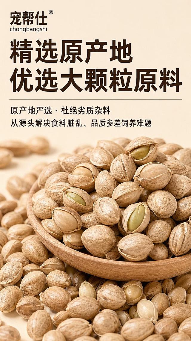 竖版原比例像素精准还原，宠帮仕鹦鹉零食原料科普海报，高清微距拍摄质感，版式 1:1 复刻，全系列色调统一无缝衔接。画面主体：左上角品牌"宠帮仕 chongbangshi"，顶部左侧加粗主标题"精选原产地 优选大颗粒原料"，细横线分割，搭配原产地严选、杜绝劣质杂料痛点副标题；画面全域微距特写使用用户上传的产品图（纸壳麻子），清晰展示颗粒饱满、壳薄肉厚、无碎渣杂质优质品相，从源头解决食料脏乱、品质参差饲养难题。背景要素：统一杏米色纯色背景，干净极简，聚焦原料细节。色彩色调：杏米色基底，搭配麻子天然深浅棕绿原生色，光影柔和细腻，色调与整套详情页完全一致，无色彩偏差。画面风格：极简原料写实科普风，微距高清质感，文字排版简洁高级，侧重源头品质卖点，版式简洁大气，适配详情页连贯阅读。