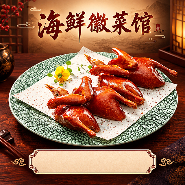 基于上传的菜品图片，制作一张正方形中式餐饮海报。画面顶部居中放置主标题"海鲜徽菜馆"，字体为大气的中式书法风格，深棕色或暗红色。画面中央为菜品主体，保持原图菜品的完整外形、色泽、质感和摆盘，菜品占画面约55%~65%。菜品下方预留一块清晰的菜名填写区域，区域内为空白或浅色底，便于后续填写菜名。背景为暖色调的中式餐饮风格，深棕色或暗红色渐变背景，带有淡淡的中式纹理或木质纹理，营造食欲感和高端餐饮氛围。整体风格：精致商业摄影质感，暖光侧前方打光，突出菜品的新鲜诱人色泽，画面干净有层次。版式精美，四周留足安全边距，文字不遮挡菜品主体。画面比例1:1正方形。