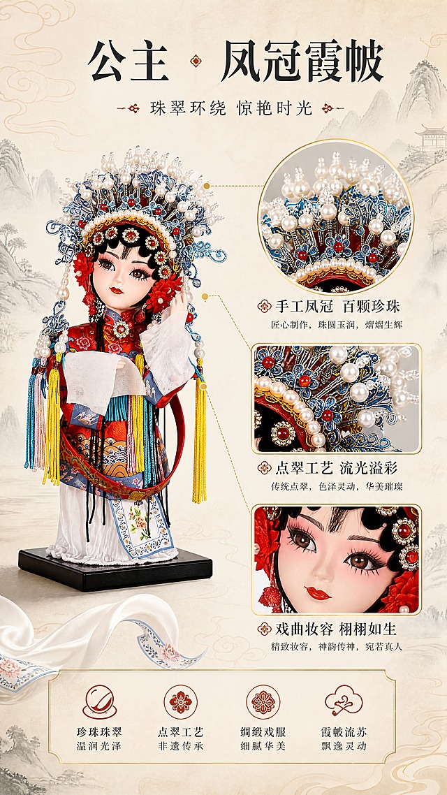 [商品] 使用【图5】公主款人偶；保留凤冠珠翠、点翠工艺、红妆戏服、霞帔流苏、水袖、戏曲妆容、黑色底座；理顺流苏与珠串，增强珍珠光泽、点翠金属质感和绸缎面料纹理。
[画面] 目标：公主款细节展示，突出凤冠与妆容精致度。构图：人偶正面微侧，占画面55%，位于画面左侧；右侧分上下两区，上区圆形放大框展示凤冠珠翠细节（珍珠、点翠、红绒花），下区方形放大框展示戏曲眼妆与面部彩绘；底部放卖点文字；阅读动线从上到下、从左到右。
[视觉] 套系策略：风格=东方雅致国风商业摄影；标题字=宋体衬线粗体（国风韵味）；正文字=现代细黑体；主色=中国红+霁蓝+米杏；背景延展=基于米杏色做深浅渐变、宣纸纹理、淡墨山水与祥云纹样；强调色=赤金，仅用于小面积图标、引线、装饰线条和标签描边；标题色=深墨色；正文色=暖炭灰；组件=圆角金边信息卡、云纹分割线、戏曲水袖装饰元素；光影=左前侧暖柔光，右侧补光，背景柔和轮廓光。
[文字] 右上主标题"公主 · 凤冠霞帔"，副标题"珠翠环绕 惊艳时光"；右侧3个细节卖点配引线：「手工凤冠 百颗珍珠」「点翠工艺 流光溢彩」「戏曲妆容 栩栩如生」；文字横向排版，不遮挡人偶面部。
[规格] 图片比例9:16竖版，4K，负向提示：避免变形、错字、文字过小、冷蓝背景、人偶颜色改变、结构失真、二维码、极限词。