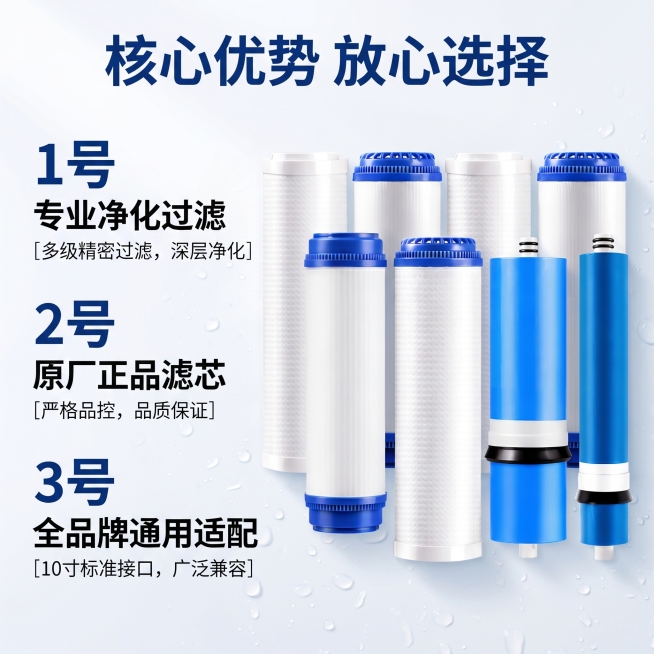 [主图-2] 净水器滤芯核心卖点展示，突出产品优势。[氛围风格] 清爽简洁，拼多多电商风格，直白清晰。[画质] 商业摄影质感，光线柔和通透，产品清晰真实，画面干净高级。[元素] 主体滤芯套装偏右侧居中预览效果