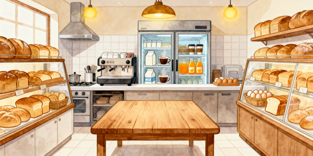 治愈系暖色调手绘插画，现代化面包店室内厨房场景，操作台背后的冰箱里放着牛奶、咖啡、橙汁，两侧货架和展示柜里摆满各种面包、吐司和鸡蛋。画面正中间是一个空的木制厨房操作台，暖黄灯光，柔和的水彩质感，可爱Q预览效果