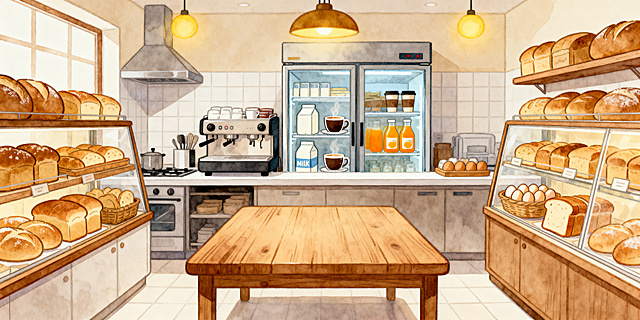 治愈系暖色调手绘插画，现代化面包店室内厨房场景，操作台背后的冰箱里放着牛奶、咖啡、橙汁，两侧货架和展示柜里摆满各种面包、吐司和鸡蛋。画面正中间是一个空的木制厨房操作台，暖黄灯光，柔和的水彩质感，可爱Q版画风，线条圆润，细节丰富，温馨治愈，整体色调为暖棕+奶油白，充满烟火气和幸福感