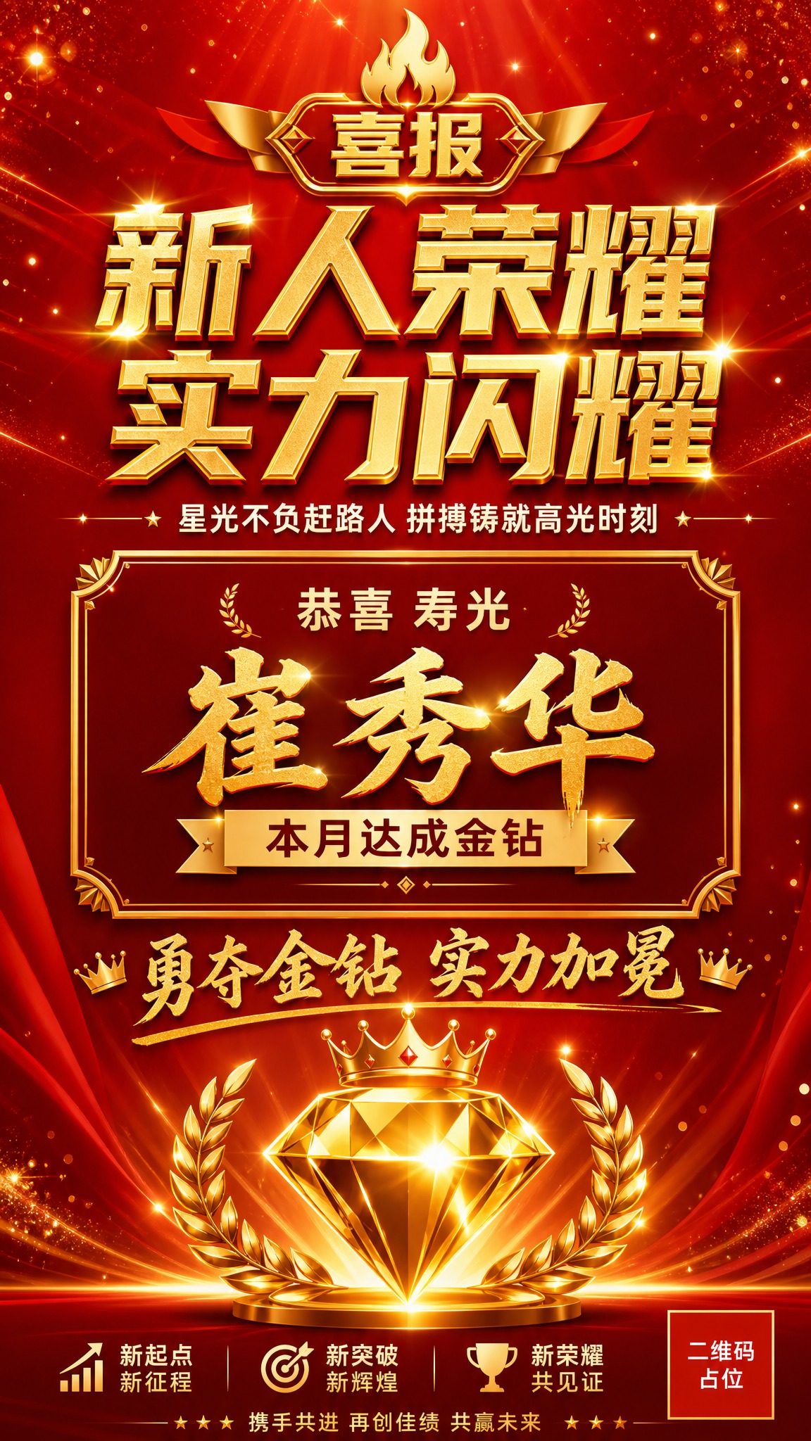 一张喜庆荣耀风格的金钻喜报海报，竖版9:16，红金配色，高端大… - 图片创意预览