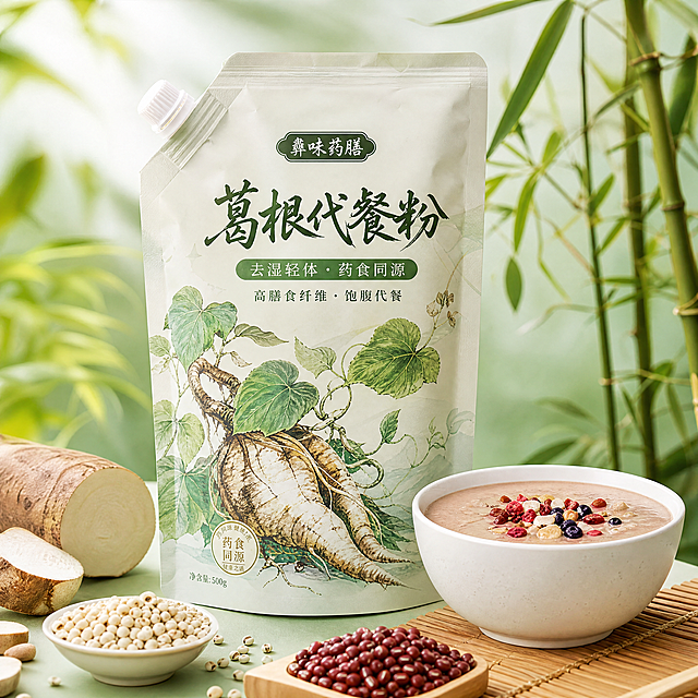 葛根代餐粉站立式自立袋包装，品牌"彝味药膳"，米白色搭配淡绿色配色，包装带有密封条和塑料盖。正面手绘插画展示藤蔓缠绕的葛根植物（叶互生、块根肥大），上方为书法字体"葛根代餐粉"，下方标注"去湿轻体·药食同源"，再标注"高膳食纤维·饱腹代餐"。包装旁边摆放切开的葛根块、薏米、赤小豆，以及一个白色陶瓷碗，碗中盛着冲调好的淡褐色糊状代餐粉，表面撒有少量水果颗粒。背景为清新竹绿色调，柔光摄影，年轻活力感，健康养生产品风格，4K分辨率。