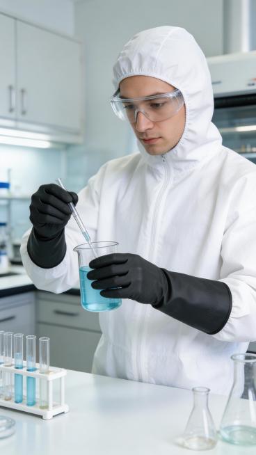 穿着防护服的实验人员戴着这款黑色防护手套做实验的场景，保持手套的细节和质感不变，真实实验室场景，柔和光线预览效果