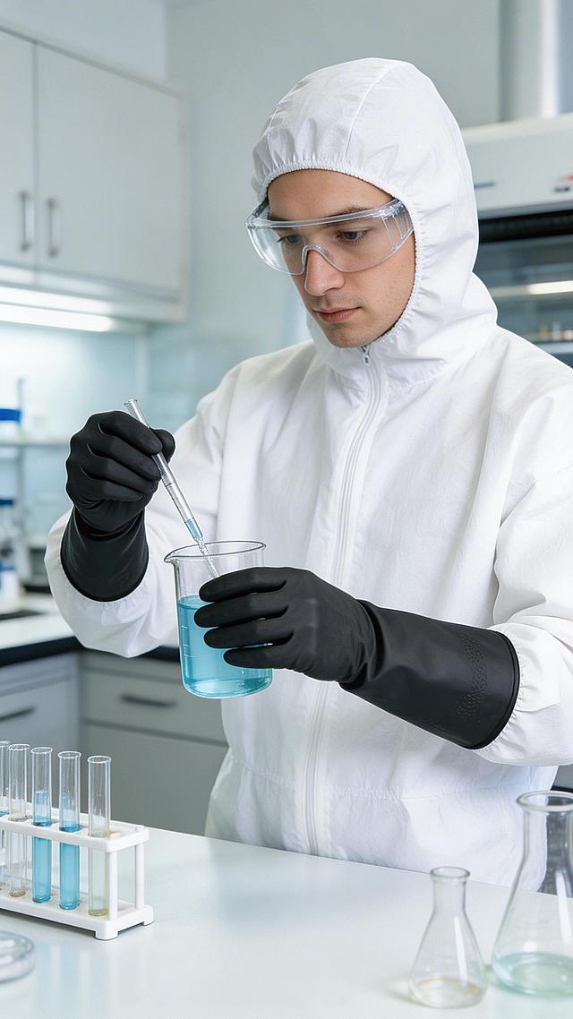 穿着防护服的实验人员戴着这款黑色防护手套做实验的场景，保持手套的细节和质感不变，真实实验室场景，柔和光线