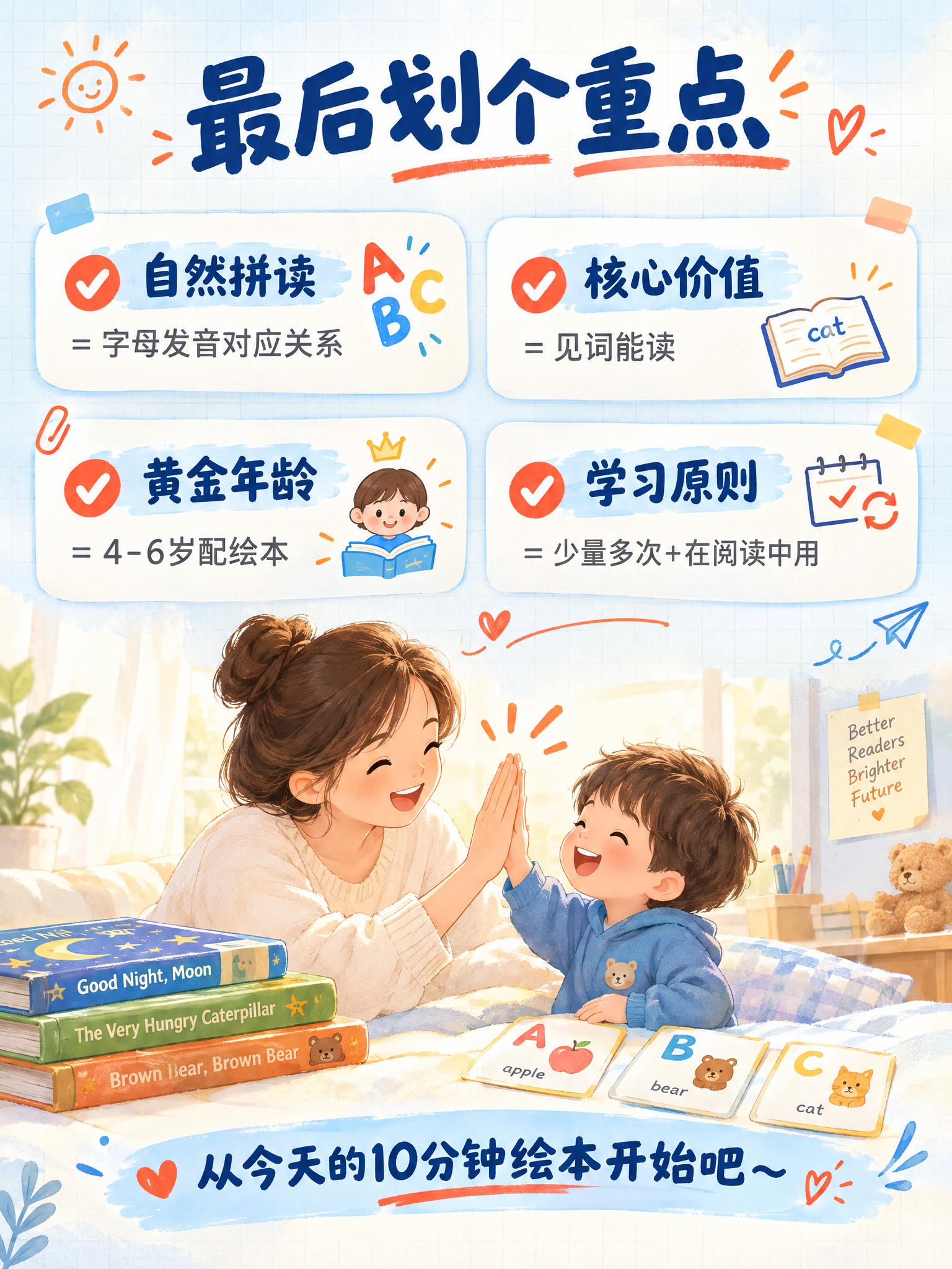 [画面] 自然拼读科普详情页第6张-总结行动。目标：回顾核心要… - 图片创意预览