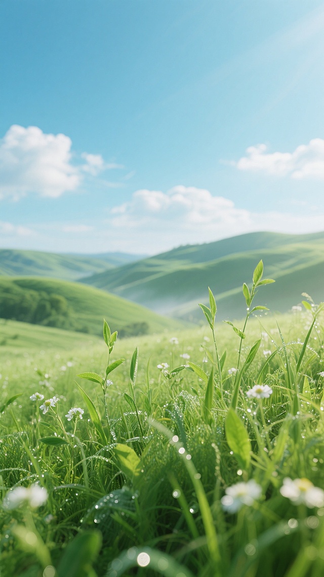 清晨阳光下的绿色自然场景，前景是茂密鲜绿的草地，点缀着带露珠的细长绿叶和白色小花，中景是连绵起伏的青翠丘陵，背景是湛蓝天空中飘着几朵白云，整体画面采用浅景深处理，近景清晰锐利，远景柔和模糊，色调以明亮的绿色为主，搭配清新的蓝色，光线明亮柔和，营造出宁静、清新、生机勃勃的氛围，具有高度写实的摄影质感，细节丰富，色彩饱和度适中，光影过渡自然。