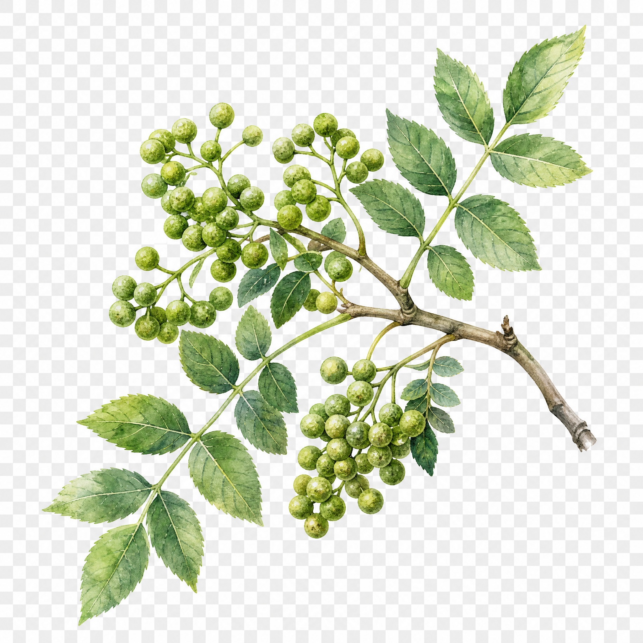水彩手绘风格的青花椒枝条，带有多串青绿色花椒果实和羽状复叶，枝… - 图片创意预览