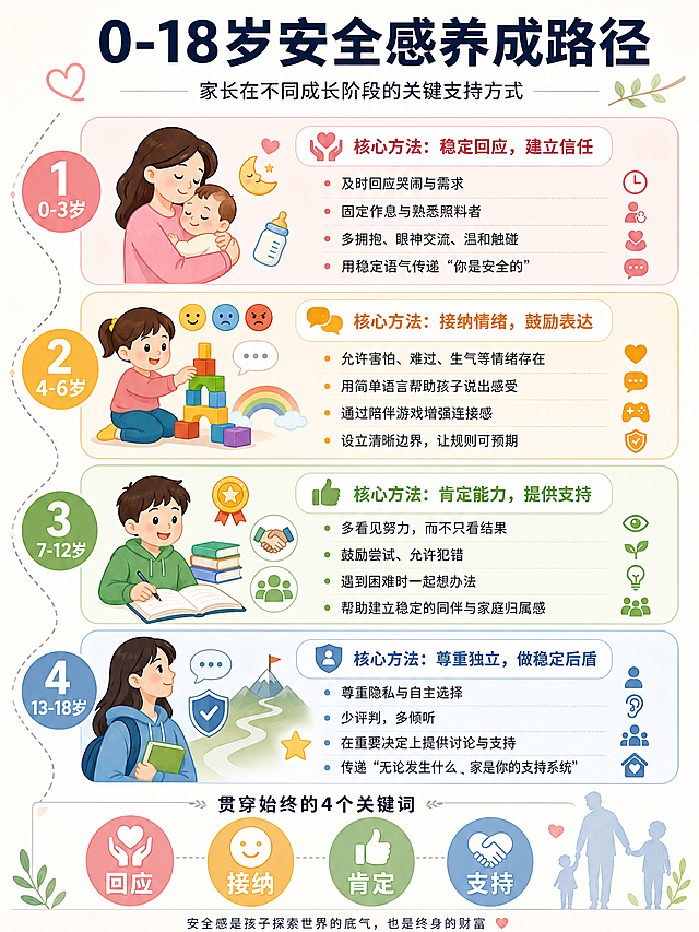 一张架构信息图，展示家长如何在0-18岁不同年龄段构建孩子的安全感，分0-3岁、4-6岁、7-12岁、13-18岁四个分区，每个分区标注核心方法和要点，清晰简洁的信息图表设计，逻辑分明，风格专业舒适