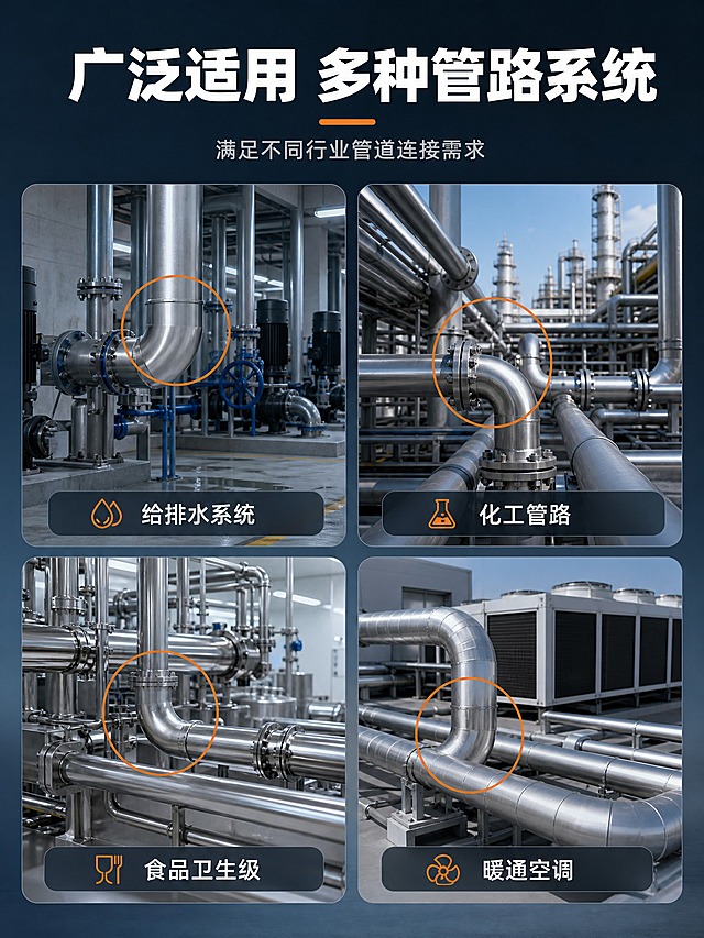 [详情页-3] 不锈钢弯头场景适配，适用场景展示。
[视觉] 套系策略：风格=工业专业风；标题字=现代无衬线粗体；正文字=简洁无衬线体；主色=深蓝灰；背景延展=深蓝灰色调场景图，各场景统一冷色调；强调色=橙色；标题色=白色；正文色=浅灰色；组件=半透明圆角信息卡、细线标注；光影=各场景自然光影，产品融入场景。
[画面] 画面采用2x2四宫格布局，展示不锈钢弯头在4种不同场景中的应用：左上是给排水管道系统场景，右上是化工管路场景，左下是食品卫生级管道场景，右下是暖通空调管路场景。每个场景中都有不锈钢弯头安装在管道系统中，用橙色圆圈高亮标注弯头位置。每个场景下方有场景名称标签。
[文字] 顶部主标题"广泛适用 多种管路系统"，副标题"满足不同行业管道连接需求"。四宫格每格下方标注场景名称："给排水系统"、"化工管路"、"食品卫生级"、"暖通空调"。文字清晰，不遮挡主体。
[规格] 图片比例3:4竖版，2K，避免变形、错字、文字过小、场景杂乱、水印、平台logo。