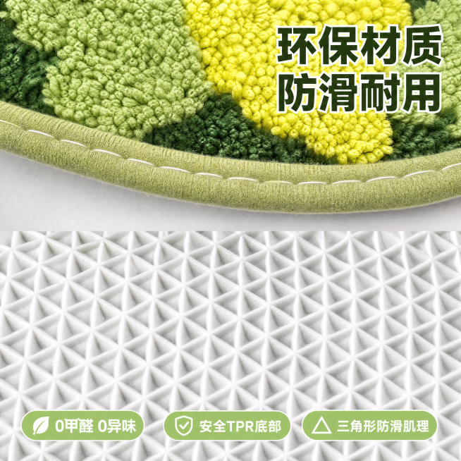 [主图-3] 材质工艺细节展示
[氛围风格] 专业品质感，家居清新风
[画质] 商业摄影质感，超高清微距特写，细节清晰
[元素] 放大展示地毯包边和底部防滑材质特写，同时保留局部毯面植绒纹理，画面分为预览效果