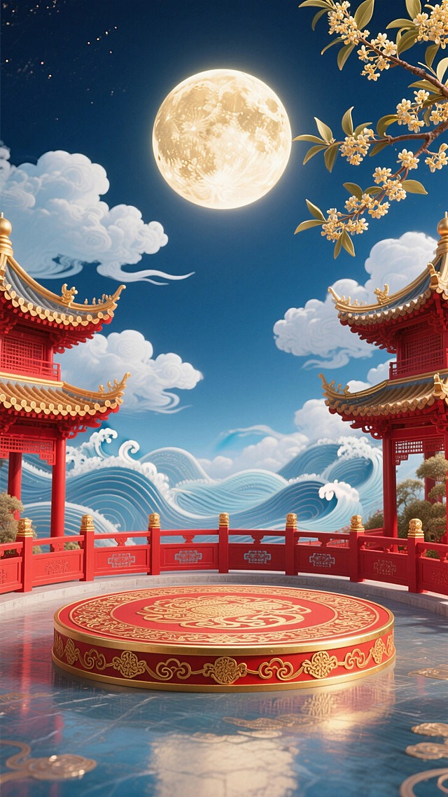 以红、金、蓝白为主色调，前景是带纹样的红金圆形展示台（表面有传统花纹），两侧是红金中式飞檐楼阁，楼阁周围有红色围栏，右侧有桂花枝，背景是深蓝色天空，悬着巨大明亮的圆月，背景有云朵、波浪纹样
