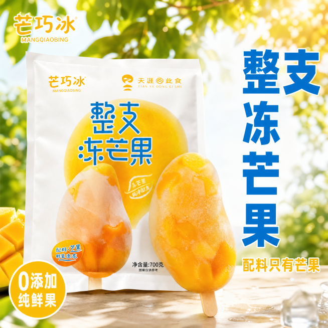 [主图-1] 整支冻芒果冰棒点击率首图。[氛围风格] 夏日清爽解暑，强烈食欲感。[画质] 商业摄影质感、光线柔和通透、产品清晰真实、画面干净高级。[元素] 保持产品包装外观（物理结构、材质质感、颜色）预览效果