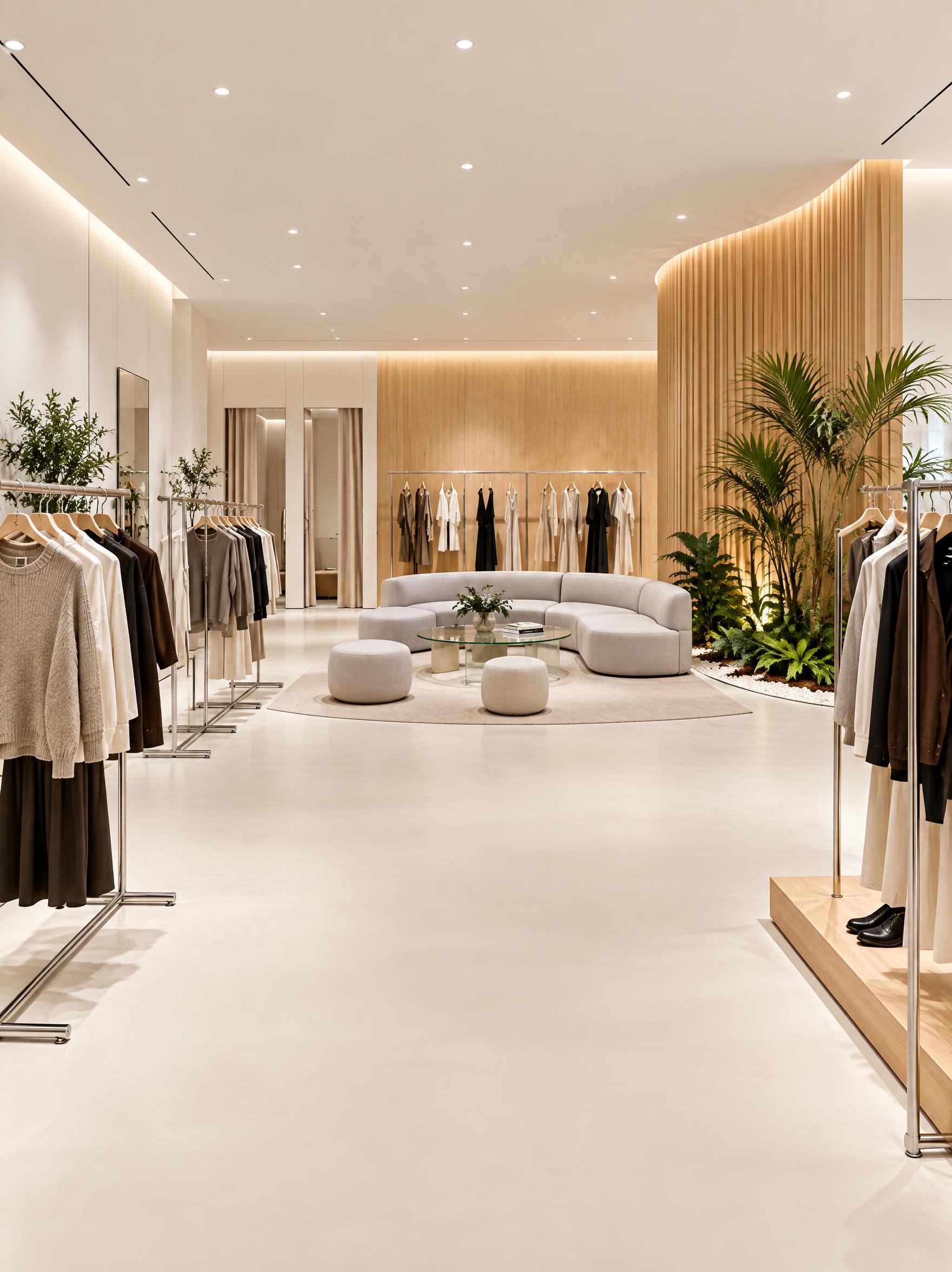 图生图模式：参考6张服装店照片的整体风格（现代极简、暖白+浅木… - 图片创意预览