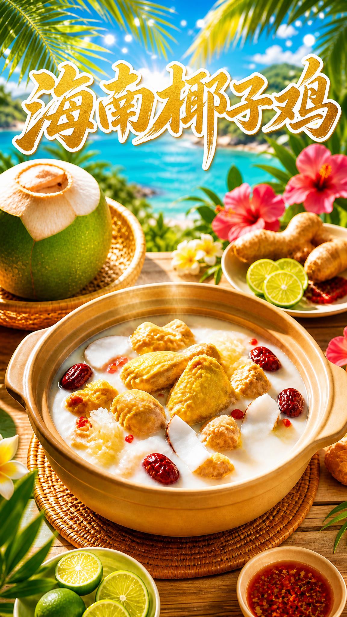 背景替换为鲜艳浓郁的热带海岛风格，明亮的金黄色阳光透过翠绿的椰… - 图片创意预览