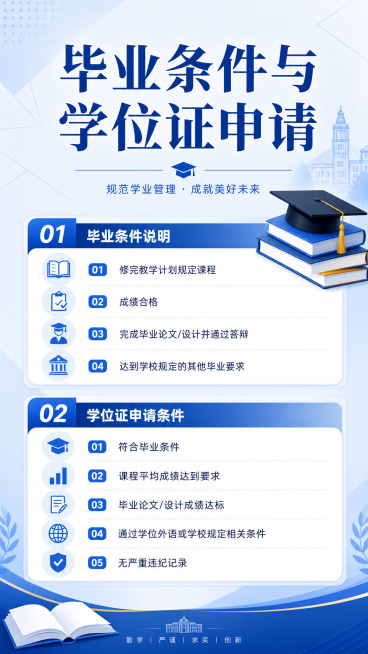 现代简约教育宣传海报，标题"毕业条件与学位证申请"，内容包含：毕业条件说明，以及学位证申请条件，保持蓝色简约教育风格，文字清晰排版整齐，统一整体设计风格预览效果