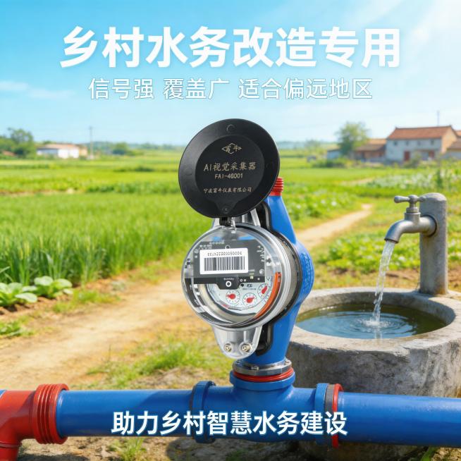 [垫图] 
[主图主题]智能水表乡村振兴适用主图
[氛围/风格]质朴乡村风，真实场景
[画面元素]水表安装在乡村户外水井管道旁，背景为乡村田园风光，阳光明媚，突出乡村使用场景
[配色色系]主色调：自然预览效果