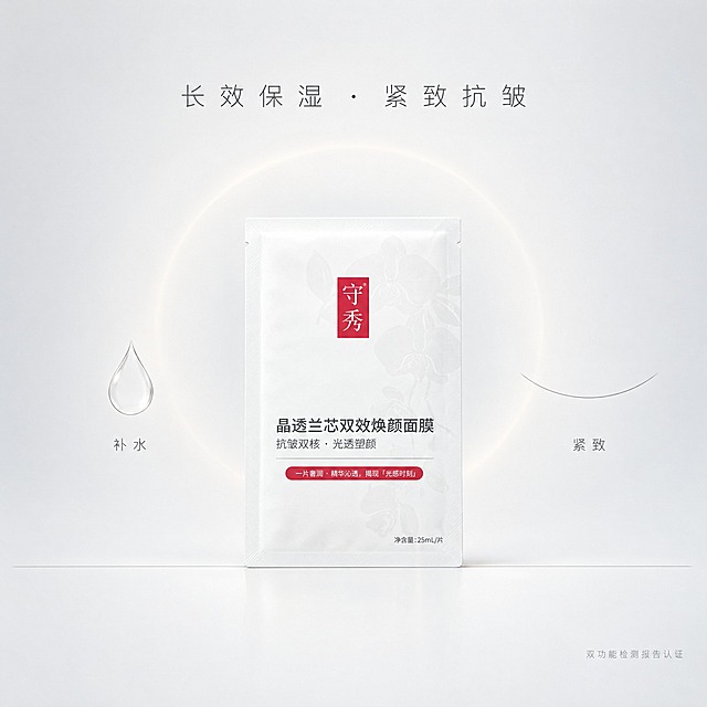 [主图-3] 守秀 小兰膜 蝴蝶兰麦角硫因补水紧致双效焕颜面膜 保湿紧致双功效，极简信息表达。
[统一基调] 整体风格为极简高级感，大面积留白，低饱和莫兰迪色调；背景主色为纯净奶白到浅灰的柔和渐变，几乎无多余装饰；标题字色为炭灰黑，辅助字色为浅灰，强调色为品牌红与极淡香槟金；主标题字体为纤细非衬线体，字间距宽松，说明文字为同系列更细字体；无厚重卡片，只用极细线条与少量文字，大量负空间。
[画面] 画面正中央垂直摆放一片守秀小兰膜面膜袋，产品占画面约30%。面膜袋左侧有一滴极简的透明水滴（只有高光轮廓），右侧有一个极简的弹性弧线符号（像微笑的曲线，只有细线条）。背景为纯净奶白，只有产品正后方有一圈极淡的圆形光晕，几乎看不见。画面底部有一条极细的浅灰色水平线，像地平线一样稳定构图。
[光影质感] 极简柔和光影，产品清晰真实，水滴与线条只有极淡的存在感，整体画面宁静、克制、高级，像高端护肤品牌的杂志内页。
[配色] 奶白背景，产品本身的白与红是主体色彩，水滴与线条为浅灰色，没有任何多余色块，色彩极度克制。
[文字版式] 画面上方只有一行纤细主标题"长效保湿 · 紧致抗皱"，字间距宽松，左右对称。水滴下方小字"补水"，弧线下方小字"紧致"，字号极小。右下角有一行极细的字"双功能检测报告认证"，几乎融入背景。
[输出要求] 比例1:1，2K分辨率，极简高级，产品外观与原图一致，元素极少，文字极少，大量留白，无水印无平台Logo，画面有杂志大片质感。