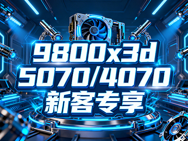 电竞科技风网咖团购封面，画面充满未来感的蓝色霓虹光效，搭配金属质感的机械元素，核心文字"9800x3d""5070/4070""新客专享"以超大加粗的科技字体呈现，视觉突出，整体风格炫酷动感，符合网咖电竞氛围