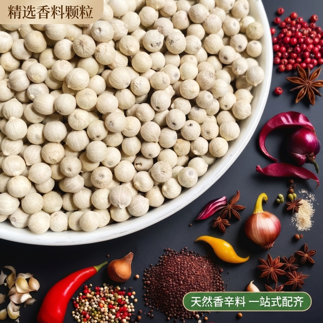 [主图-6] 白胡椒搭配香料组合展示
[氛围风格] 高端香辛料陈列展示
[画质] 商业摄影质感、光线柔和通透、产品清晰真实、画面干净高级。保持白胡椒外观、颗粒大小、颜色与输入产品图绝对一致，杜绝任何变预览效果