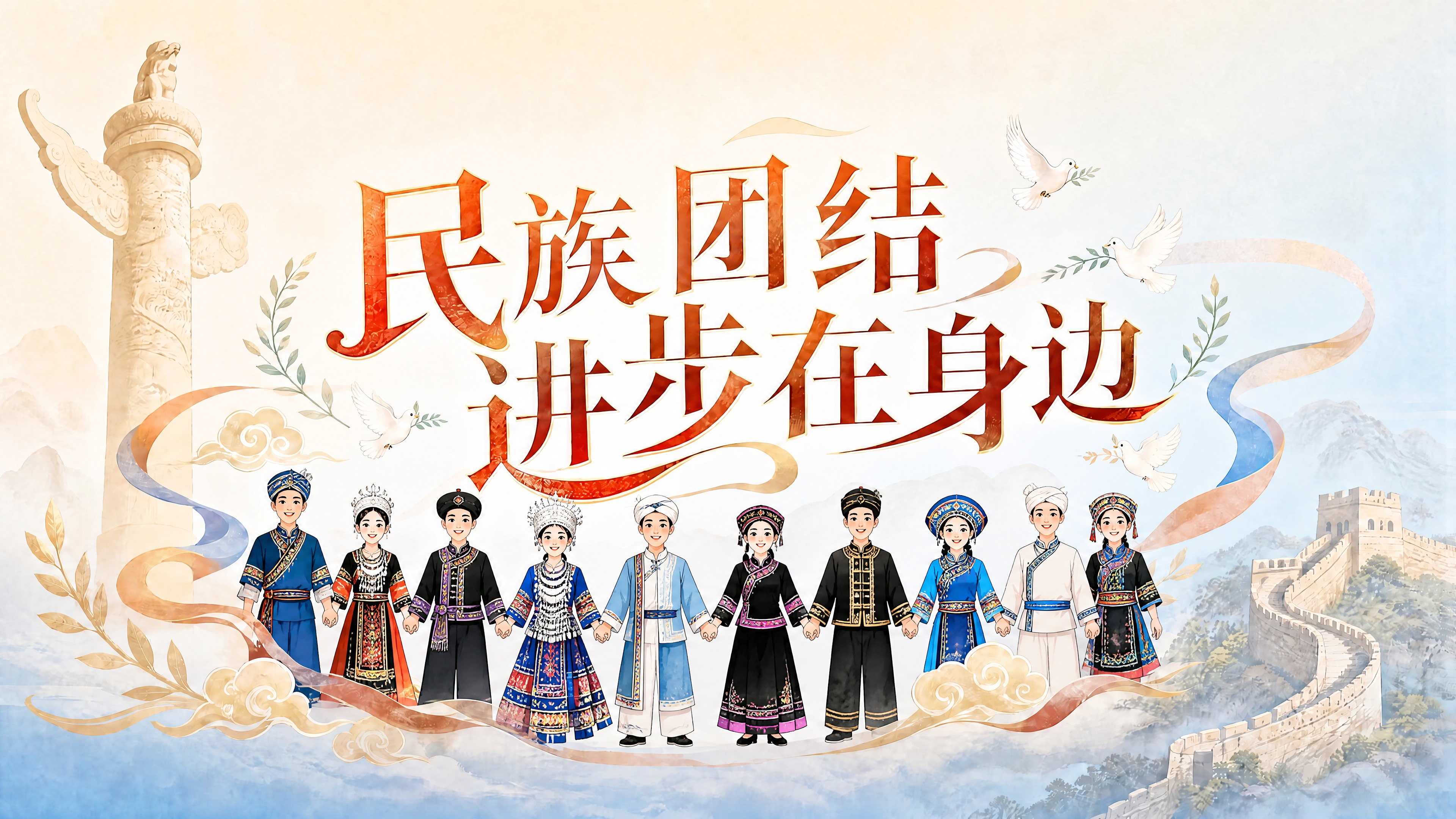 保持原构图、文字排版、背景、华表、长城、和平鸽、祥云丝带等所有… - 图片创意预览