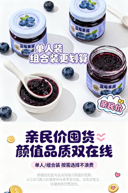 「图片1」第1屏：主视觉封面（引流屏）主标题：软萌蓝莓果酱✨ 一口解锁治愈感副标题：高果肉无添加 颜值与口感双在线排版布局：上半部分为主副标题（居中对齐，主标题深蓝莓紫加粗，副标题浅粉色，字体圆润卡通预览效果