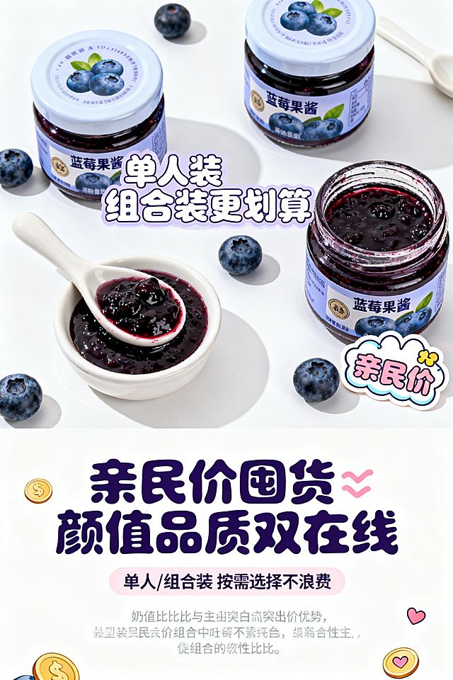 「图片1」第1屏：主视觉封面（引流屏）主标题：软萌蓝莓果酱✨ 一口解锁治愈感副标题：高果肉无添加 颜值与口感双在线排版布局：上半部分为主副标题（居中对齐，主标题深蓝莓紫加粗，副标题浅粉色，字体圆润卡通，主标题比副标题大1.5倍），下半部分为核心产品图，整体居中对称，背景为奶白色，点缀少量卡通蓝莓图案（角落、标题周围），无多余杂乱元素，简洁软萌。图片设计（比例2:3）：主体为一瓶完整的蓝莓果酱，瓶身直立居中，瓶身标签清晰（卡通蓝莓图标+圆润品牌字体），标签底色奶白色，图案浅蓝莓紫，瓶身玻璃材质通透，可隐约看到内部浓稠的果酱与饱满果肉；瓶身周围点缀3-4颗新鲜卡通蓝莓（带腮红、小爱心），少量奶白色果酱滴落图案（自然散落，不杂乱），背景为纯奶白色，光线柔和（暖光，凸显产品的软糯感），无阴影或轻微柔和阴影，整体画面干净、软萌、治愈，视觉焦点集中在产品上，吸引年轻人点击；图片边缘可添加一圈细浅蓝莓紫描边，增强设计感，贴合可爱美食风格。内容描述：软萌出圈的蓝莓果酱来啦🥰！浅蓝莓紫+奶白色软萌包装，一眼击中少女心，通透瓶身看得见的饱满果肉，每一口都能尝到新鲜蓝莓的清甜，无添加更健康，颜值与口感双在线，年轻人的专属治愈系果酱，早餐、下午茶的神仙搭配，解锁多种美味吃法，快来get同款软萌美味～第2屏：产品整体展示（认知屏）主标题：解锁软萌颜值✨ 每一处都可爱副标题：小巧精致 随手拍都是大片排版布局：左侧1/3为文字区域（主副标题+简短描述，居中对齐，字体圆润卡通），右侧2/3为产品展示图，整体左右对称，文字区域背景浅蓝莓紫（淡色，不突兀），产品区域背景奶白色，贴合整体风格。图片设计（比例2:3）：主体为1瓶蓝莓果酱（直立）+2颗新鲜蓝莓+1勺果酱（陶瓷小勺，勺身沾有少量果酱），摆放错落有致（果酱瓶居中，小勺斜放于瓶身右侧，蓝莓散落于瓶身周围）；瓶身标签清晰，卡通品牌标志突出，玻璃通透，果肉清晰可见，果酱颜色为天然浅蓝莓紫，浓稠有光泽；小勺为奶白色陶瓷，质感细腻，果酱滴落自然；背景奶白色，点缀少量浅紫色线条（圆润，不锋利），光线柔和（侧暖光，凸显产品的通透感与质感），画面干净软萌，无多余元素；可在图片右下角添加一个小巧的卡通“颜值满分”图标（卡通蓝莓+对勾），贴合卖点；整体画面适配年轻人社交打卡需求，凸显产品的颜值优势。内容描述：谁能拒绝一瓶软萌到犯规的蓝莓果酱🥳！小巧精致的瓶身，奶白色标签搭配软萌卡通蓝莓图标，圆润的品牌字体，每一处细节都长在年轻人的审美上；通透的玻璃瓶身，能清晰看到内部浓稠的果酱与饱满的蓝莓果肉，天然的浅蓝莓紫色，温柔又治愈，随手一拍都能出片，发朋友圈、小红书绝对吸赞，既是美味果酱，也是颜值担当，日常摆放也能增添生活可爱感～第3屏：核心卖点1（口感卖点+真人场景）主标题：高果肉暴击💥 酸甜不齁腻副标题：一口解锁新鲜蓝莓本味排版布局：上半部分为真人场景图，下半部分为主副标题+口感描述，上下呼应，文字区域居中对齐，字体圆润卡通，主标题深蓝莓紫，副标题浅粉色，描述文字浅灰色（清晰易读），背景奶白色，点缀少量卡通蓝莓图案。图片设计（比例2:3）：真人场景（年轻女生，20岁左右，妆容清淡，穿着软萌浅色卫衣，表情愉悦），女生手持陶瓷小勺，小勺上舀有适量蓝莓果酱，正轻轻送入口中，嘴角沾有少量果酱（自然可爱，不刻意）；背景为简约的书桌（奶白色桌面，摆放一本卡通笔记本、一杯热牛奶），书桌角落放着一瓶打开的蓝莓果酱，瓶身标签清晰，旁边散落2颗新鲜蓝莓；光线柔和（室内暖光，凸显产品的软糯感与真人的治愈感），画面色调统一（浅蓝莓紫+奶白色），聚焦于“吃果酱”的瞬间，凸显口感的美味；产品细节清晰，果酱浓稠，果肉饱满，能看到果肉的纹理，凸显高果肉卖点；整体画面软萌治愈，贴合年轻人的生活场景，让消费者有代入感。内容描述：一口沦陷的蓝莓口感✨ 每一瓶都含有≥80%的新鲜蓝莓果肉，肉眼可见的饱满果肉，没有多余的果泥掺杂，口感绵密不粗糙，入口先是蓝莓的清甜，后有淡淡的果酸，酸甜平衡得恰到好处，完全不齁腻，也没有生硬的颗粒感，每一口都能咬到真实的蓝莓果肉，口感层次丰富。不添加人工香精，还原新鲜蓝莓的本味，入口清香醇厚，浓稠适中，不粘嘴、不糊嘴，冷藏后口感更佳，清甜感更突出，夏日解腻、冬日治愈，无论是直接吃，还是搭配其他食材，都能解锁极致美味，像把新鲜蓝莓嚼碎在嘴里，年轻人都爱的清爽口感，拒绝厚重甜腻，每一口都清爽治愈～第4屏：核心卖点2（健康卖点+原料展示）主标题：0添加更安心✅ 轻负担无压力副标题：鲜果现熬 锁住天然营养排版布局：左侧2/3为原料+产品细节图，右侧1/3为主副标题+健康卖点描述，左右呼应，文字区域居中对齐，字体圆润卡通，背景为浅蓝莓紫淡色底，点缀少量白色小爱心，贴合可爱风格。图片设计（比例2:3）：左侧主体为“原料+果酱”组合，上方摆放一串新鲜蓝莓（颗粒饱满、色泽鲜亮，深蓝莓紫，带少量水珠，凸显新鲜），下方摆放一瓶打开的蓝莓果酱，果酱舀出一部分放在白色陶瓷碟中，碟中可见清晰的果肉纹理，果酱浓稠有光泽，与新鲜蓝莓形成呼应；右侧角落添加3个小巧的卡通图标（分别对应“0香精”“0色素”“0防腐剂”，图标为卡通蓝莓造型，搭配文字，圆润可爱）；背景为奶白色，光线明亮（自然光+暖光，凸显原料的新鲜与果酱的天然），画面干净清新，无多余元素；玻璃瓶身通透，标签上的“0添加”字样清晰可见，贴合健康卖点；整体画面凸显“天然、健康”，同时保持软萌可爱的风格，让年轻人感受到健康与美味兼具。内容描述：当代年轻人的健康饮食首选✨ 拒绝无效添加，我们的蓝莓果酱坚持0添加人工香精、0添加色素、0添加防腐剂，只用新鲜蓝莓鲜果、低蔗糖、饮用水熬制，不添加任何多余成分，老人、小孩、孕妇也能放心食用。选用优质新鲜蓝莓，无坏果、无杂质，鲜果现熬工艺，慢火熬制锁住蓝莓的天然营养与新鲜口感，保留蓝莓中的花青素、维生素等多种营养成分，低蔗糖配方，减少糖分摄入，轻负担不发胖，适配年轻人“健康轻食、拒绝甜腻”的饮食需求，好吃又安心，囤货无压力～第5屏：核心卖点3（场景卖点+早餐场景）主标题：早餐速配🥪 5分钟解锁精致感副标题：懒人的神仙早餐搭档排版布局：上半部分为真人早餐场景图，下半部分为主副标题+场景描述，文字区域居中对齐，字体圆润卡通，主标题深蓝莓紫，副标题浅粉色，描述文字浅灰色，背景奶白色，点缀少量卡通面包、蓝莓图案，贴合早餐场景。图片设计（比例2:3）：真人场景（年轻女生，20岁左右，穿着简约睡衣，妆容清淡，正在餐桌前准备早餐），餐桌上摆放一片烤好的吐司（金黄色，松软），吐司上涂抹均匀的蓝莓果酱，果酱上点缀1颗新鲜蓝莓，旁边放着一瓶打开的蓝莓果酱（瓶身标签清晰）、一杯热牛奶、一个水煮蛋；女生手持吐司，嘴角带笑，表情惬意，凸显早餐的便捷与精致；背景为简约的餐桌（奶白色，铺浅紫色桌布，点缀少量卡通图案），光线柔和（清晨自然光，凸显早餐的温暖感），画面色调统一，贴合可爱美食风格；果酱涂抹均匀，能看到吐司上的果肉颗粒，凸显产品的实用性，场景真实，贴合年轻人的早餐习惯（懒癌必备、快速便捷），让消费者有代入感。懒癌年轻人的早餐救星✨ 不用早起，5分钟就能解锁精致早餐，再也不用将就吃路边摊！开瓶即食，瓶口设计便捷，易开合、防漏，涂抹顺畅，不粘手、不糊嘴，只需取适量果酱涂抹在吐司、面包上，点缀一颗新鲜蓝莓，搭配一杯热牛奶或豆浆，就是一份颜值与营养双在线的早餐。浓稠的果酱包裹着松软的吐司，每一口都有饱满的蓝莓果肉，酸甜清爽，唤醒沉睡的味蕾，开启元气满满的一天。学生党课间加餐、白领通勤前快速准备，都能轻松搞定，便捷又精致，拒绝敷衍早餐，用一瓶软萌蓝莓果酱，解锁年轻人的早餐仪式感～第6屏：核心卖点4（场景卖点+下午茶场景）主标题：下午茶搭档☕️ 治愈所有不开心副标题：软萌氛围感直接拉满排版布局：右侧2/3为真人下午茶场景图，左侧1/3为主副标题+场景描述，左右呼应，文字区域居中对齐，字体圆润卡通，背景为浅粉色淡色底，点缀少量卡通蓝莓、蛋糕图案，贴合下午茶的治愈感。图片设计（比例2:3）：真人场景（2名年轻女生，20-25岁，妆容清淡，穿着温柔浅色衣服，围坐在一起喝下午茶），餐桌上摆放一瓶打开的蓝莓果酱、一杯酸奶（酸奶上淋有少量蓝莓果酱，点缀2颗新鲜蓝莓）、一块小蛋糕（蛋糕表面涂抹少量果酱，摆放1颗卡通蓝莓装饰）、2个陶瓷小勺；女生们面带微笑，一人手持小勺舀取果酱，一人正在品尝酸奶，氛围轻松愉悦，治愈感拉满；背景为简约的下午茶桌（奶白色，铺浅紫色蕾丝桌布，摆放少量干花、卡通摆件），光线柔和（室内暖光，搭配少量自然光，凸显氛围感）；产品细节清晰，果酱浓稠，淋在酸奶上自然流淌，果肉可见，瓶身标签清晰，软萌可爱；整体画面色调温柔，贴合年轻人的下午茶场景，凸显产品的治愈感与场景适配性，让消费者感受到“吃果酱=享受生活”。当代年轻人的下午茶治愈神器✨ 忙碌的上午过后，用一瓶软萌蓝莓果酱，解锁专属你的治愈时光。开瓶即食，无需复杂操作，淋在酸奶上，酸甜的果酱搭配绵密的酸奶，一口解锁双重美味，饱满的果肉增添口感层次；也可搭配蛋糕、曲奇，提升甜点的风味，告别单调下午茶。软萌可爱的瓶身，摆放于餐桌上，瞬间提升氛围感，和闺蜜一起分享，边吃边聊，缓解职场、学业压力，治愈所有不开心。浅蓝莓紫的色泽，搭配奶白色的酸奶、金黄色的蛋糕，颜值拉满，随手拍都是下午茶大片，发社交平台绝对吸赞～第7屏：核心卖点5（便捷卖点+包装细节）主标题：便捷开瓶🥰 小巧易携不浪费副标题：细节拉满 实用又可爱排版布局：上半部分为包装细节图（分区域展示），下半部分为主副标题+便捷卖点描述，文字区域居中对齐，字体圆润卡通，主标题深蓝莓紫，副标题浅粉色，描述文字浅灰色，背景奶白色，点缀少量卡通便捷图标（小勺子、小背包）。图片设计（比例2:3）：分三个区域展示包装细节（整体连贯，不杂乱），左侧为瓶身整体（小巧精致，直立摆放，标签清晰，卡通图标突出），中间为瓶口细节（螺旋盖设计，白色瓶盖，易开合，瓶盖内侧有防漏圈，清晰可见，凸显防漏效果），右侧为瓶身材质细节（玻璃材质通透，可清晰看到内部果酱，标签防水材质，印刷清晰，卡通图案不易脱落）；瓶身周围点缀1个卡通小背包（暗示易携带）、1个陶瓷小勺，背景为奶白色，光线明亮（凸显细节质感）；可添加少量文字标注（如“螺旋防漏盖”“食品级玻璃”“防水标签”），文字为圆润卡通字体，浅蓝莓紫色，不突兀；整体画面聚焦包装细节，凸显便捷性与实用性，同时保持软萌可爱的风格，让年轻人感受到产品的用心。专为年轻人设计的便捷果酱✨ 细节拉满，实用又可爱！采用螺旋防漏盖设计，易开合，不用费力，女生也能轻松打开，瓶盖内侧的防漏圈，有效防止果酱渗漏，放在背包、书桌里都不用担心弄脏衣物、书本；瓶身小巧精致，容量适中（单人食用量），避免开封后吃不完浪费，适合学生党、年轻白领日常囤货，也可随身携带，课间、通勤、出差，随时随地都能享受美味。瓶身采用食品级玻璃材质，安全无毒、耐高温，喝完后可重复利用，用来装小饰品、棉签、糖果等，环保又实用；标签采用防水材质，不小心沾到水也不会模糊、脱落，卡通图案始终清晰，软萌感不褪色。开瓶即食，无需额外工具，便捷又省心，完美适配年轻人快节奏的生活方式～第8屏：核心卖点6（原料卖点+熬制工艺）主标题：鲜果现熬🍓 锁住每一份新鲜副标题：优质原料 成就好口感排版布局：左侧1/3为主副标题+原料/工艺描述，右侧2/3为原料+熬制场景示意图（卡通风格），左右呼应，文字区域居中对齐，字体圆润卡通，背景为浅蓝莓紫淡色底，点缀少量新鲜蓝莓图案。图片设计（比例2:3）：右侧主体为卡通熬制场景示意图（可爱风格），画面中有一个卡通小锅，锅里装满新鲜蓝莓与少量果酱，锅边有一个卡通勺子（正在搅拌），锅上方有“慢火熬制”的圆润卡通文字；小锅周围摆放一串新鲜蓝莓（颗粒饱满、带水珠）、一瓶成品蓝莓果酱，标签清晰；背景为奶白色，点缀少量浅紫色蒸汽图案（暗示熬制过程），整体卡通风格，软萌可爱，不生硬；新鲜蓝莓色泽鲜亮，果酱浓稠有光泽，凸显“鲜果现熬”的卖点；画面中可添加少量文字标注（如“优质新鲜蓝莓”“慢火熬制”“锁住营养”），文字字体圆润，浅蓝莓紫色，贴合整体风格；光线柔和，色调统一，既凸显原料的新鲜与工艺的用心，又契合可爱美食风格，符合年轻人的审美。好原料才能熬出好果酱✨ 我们坚持选用优质新鲜蓝莓，每一颗都经过严格筛选，无坏果、无杂质，颗粒饱满、色泽鲜亮，新鲜采摘后快速运输、加工，锁住蓝莓的天然新鲜与营养；采用传统慢火熬制工艺，不添加任何人工香精、色素、防腐剂，只用新鲜蓝莓、低蔗糖、饮用水，慢火熬煮12小时以上，让蓝莓的营养与风味充分释放，熬制出的果酱浓稠适中、果肉饱满，保留蓝莓的天然色泽与清甜口感。拒绝“果泥+添加剂”的廉价模式，每一瓶果酱都承载着新鲜蓝莓的本味，让年轻人吃到的每一口，都是天然、健康、新鲜的美味，既能满足味蕾需求，又能补充营养，好吃又安心～第9屏：核心卖点7（性价比卖点+组合展示）主标题：亲民价囤货✅ 颜值品质双在线副标题：单人/组合装 按需选择不浪费排版布局：上半部分为产品组合图，下半部分为主副标题+性价比描述，文字区域居中对齐，字体圆润卡通，主标题深蓝莓紫，副标题浅粉色，描述文字浅灰色，背景奶白色，点缀少量卡通“省钱”图标（小硬币、小爱心）。图片设计（比例2:3）：主体为产品组合展示，摆放3瓶蓝莓果酱（直立，标签清晰），其中1瓶打开（舀出少量果酱放在小勺上，果肉可见），2瓶未打开，摆放错落有致；瓶身周围点缀新鲜蓝莓、陶瓷小勺，背景为奶白色，光线明亮（凸显产品的质感）；图片中间添加圆润卡通文字（如“单人装”“组合装更划算”），文字颜色浅蓝莓紫，不突兀；可在图片角落添加一个小巧的卡通价格标签（软萌造型，标注“亲民价”），贴合性价比卖点；整体画面简洁软萌，突出产品的组合优势与亲民价格，让年轻人感受到“性价比高、囤货无压力”；瓶身标签清晰，卡通风格统一，凸显颜值与品质，让消费者觉得“花小钱买好货”。年轻人囤货首选✨ 中高端品质，亲民价格，拒绝“颜值高就贵”，让每个年轻人都能轻松实现蓝莓果酱自由！单瓶容量适中（适合单人食用，避免浪费），价格亲民，日常囤货无压力；多瓶组合装更划算，性价比拉满，适合学生党、年轻白领批量囤货，无论是自己吃，还是送给闺蜜、朋友（软萌包装适合当小礼品），都很合适。我们坚持“品质不打折、价格更亲民”，选用优质原料、传统工艺熬制，0添加更健康，高果肉更美味，软萌颜值更吸睛，兼顾品质、颜值与性价比，比同类型可爱风果酱更实惠，比普通果酱颜值、品质更出众，日常囤货、随手搭配，好吃又省钱，年轻人的宝藏果酱，闭眼囤不踩雷～第10屏：真人场景合集（强化代入感）主标题：多场景解锁🥳 承包你的每日美味副标题：年轻人的专属治愈系果酱排版布局：整体为拼接式真人场景图，主副标题位于图片上方（居中对齐，字体圆润卡通，主标题深蓝莓紫，副标题浅粉色），无多余文字，背景贴合场景，整体色调统一，凸显多场景适配性。图片设计（比例2:3）：拼接3个核心真人场景（无缝衔接，风格统一），均为20-25岁年轻人，妆容清淡，风格软萌，贴合目标人群：1. 早餐场景（女生手持涂抹果酱的吐司，搭配热牛奶，在餐桌前微笑）；2. 下午茶场景（女生和闺蜜围坐，分享淋有果酱的酸奶，氛围愉悦）；3. 烘焙场景（女生正在给曲奇饼干涂抹果酱，桌面摆放烘焙工具与果酱瓶，表情专注）；每个场景中的蓝莓果酱瓶清晰可见，标签卡通可爱，果酱细节（果肉、浓稠度）突出，场景真实自然，贴合年轻人的日常生活；整体色调统一（浅蓝莓紫+奶白色），光线柔和（暖光，凸显治愈感），画面软萌可爱，无杂乱元素；拼接处用卡通蓝莓图案过渡，增强设计感，凸显“多场景适配”的卖点，让消费者能快速联想到自己使用产品的场景，代入感拉满。一瓶果酱，解锁年轻人的N种生活场景🥰！早餐搭配吐司、燕麦片，开启元气满满的一天；下午茶搭配酸奶、蛋糕，治愈忙碌的时光；烘焙搭配曲奇、蛋挞，提升甜点风味，甚至可直接食用，随时随地享受新鲜美味。软萌可爱的外观，适配各种场景摆放，无论是餐桌、书桌、下午茶桌，都能增添软萌氛围感；真人实测，每一种吃法都好吃不踩雷，高果肉、无添加、酸甜不齁腻，满足年轻人对美味、健康、便捷的所有需求，承包你的每日治愈时刻，无论是一个人享受，还是和闺蜜分享，都能收获满满幸福感～第11屏：常见问题解答（打消顾虑）主标题：FAQ✨ 解锁所有小疑问副标题：放心囤货 无后顾之忧排版布局：左侧1/3为卡通疑问图标（圆润蓝莓造型，带问号），右侧2/3为问答内容（分点，每点一个问题+答案），文字区域字体圆润卡通，问题深蓝莓紫加粗，答案浅灰色，背景奶白色，点缀少量浅紫色线条，贴合可爱风格，排版清晰，易读易懂。图片设计（比例2:3）：左侧为一个大大的卡通蓝莓图标（带腮红、小爱心，头顶一个圆润的问号，软萌可爱），图标底色为浅蓝莓紫淡色，不突兀；右侧为问答区域背景（纯奶白色），可在问答内容旁边点缀少量小巧的卡通蓝莓图标（每道题旁边1个），增强设计感；整体画面简洁干净，无多余元素，比例2:3，左侧图标与右侧文字呼应，既凸显“解答疑问”的核心，又保持可爱美食风格，避免问答内容过于生硬，贴合年轻人的阅读习惯；光线柔和，色调统一，让消费者能轻松找到自己关心的问题，打消下单顾虑。Q1：果酱的保质期是多久？开封后怎么保存？A1：未开封保质期6个月（常温避光保存），开封后需冷藏保存（0-8℃），建议1个月内食用完毕，避免变质，冷藏后口感更佳哦～Q2：果酱含糖量高吗？减肥可以吃吗？A2：采用低蔗糖配方，减少糖分摄入，轻负担不发胖，减肥期间可少量食用（搭配酸奶、燕麦片更佳），拒绝厚重甜腻，好吃无负担～Q3：里面的果肉多吗？会不会有杂质？A3：果肉含量≥80%，肉眼可见饱满果肉，每一颗蓝莓都经过严格筛选，无坏果、无杂质，口感绵密，拒绝生硬颗粒，每一口都能咬到真实果肉～Q4：包装容易破损吗？运输过程中会渗漏吗？A4：瓶身采用厚实食品级玻璃材质，不易破损，运输过程中会添加泡沫防护；瓶盖采用螺旋防漏设计，内侧有防漏圈，有效防止渗漏，放心囤货～Q5：适合孕妇、小孩吃吗？A5：0添加人工香精、0添加色素、0添加防腐剂，只用新鲜蓝莓鲜果熬制，安全健康，孕妇、小孩均可放心食用，还能补充蓝莓中的营养哦～第12屏：结尾引导下单（转化屏）主标题：软萌蓝莓酱🥳 闭眼囤不踩雷副标题：解锁治愈美味 手慢无！排版布局：上半部分为主副标题+核心卖点提炼（简洁短句），下半部分为产品+下单引导图，整体居中对称，文字区域字体圆润卡通，主标题深蓝莓紫加粗，副标题浅粉色，卖点提炼文字浅蓝莓紫，背景奶白色，点缀大量卡通蓝莓、小爱心图案，凸显下单氛围。图片设计（比例2:3）：主体为2瓶蓝莓果酱（1瓶打开，1瓶未打开，直立摆放，标签清晰），打开的一瓶旁边放着陶瓷小勺（舀有果酱，果肉可见），瓶身周围点缀新鲜蓝莓、小爱心图案（浅粉色、浅蓝莓紫）；图片下方添加圆润卡通文字（如“立即下单”“囤货首选”“颜值与口感双在线”），文字颜色深蓝莓紫，醒目不突兀；背景为奶白色，光线柔和（暖光，凸显产品的软糯感与治愈感），画面软萌可爱，充满下单吸引力；可在图片角落添加“限量囤货”“多瓶更划算”的小巧卡通标注，引导消费者快速下单；整体画面聚焦产品，突出核心卖点，同时营造出“可爱、值得入手”的氛围，贴合年轻人的下单心理，推动转化。
