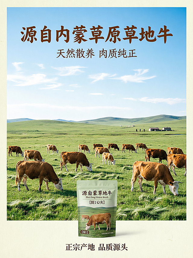 [第2屏] 产地优势展示，内蒙草地牛天然牧场产地。本屏不使用商品图做主体，重点呈现产地氛围。  
[氛围/风格] 自然清新草原风，开阔大气，真实户外摄影质感，绿色原生态氛围。
[元素布局] 上半部分是开阔内蒙草原实景，成群黄牛低头吃草，占据屏幕70%以上面积，下半部分放置产品包装【图1】做展示，占比约20%，整体构图上景下腹，天然产地氛围突出。  
[光影质感] 白天自然光，柔和明亮，光影层次自然，还原草原蓝天绿地真实色彩。  
[配色色系] 全局底色 #F0F5E9，主色草绿天蓝，辅助色深棕文字，产品自然融入。
[视角构图] 俯视开阔草原，自然纵深感，阅读动线从上风景到下产品信息。  
[文字版式] 顶部主标题「源自内蒙草原草地牛」，副标题「天然散养 肉质纯正」，书法暖棕色字体；底部标签标注「正宗产地 品质源头」，文字清晰不遮挡主体风景。  
[比例分辨率] 3:4 竖版比例，4K分辨率，文字清晰可辨，高清画质。
[负向提示词] 风景失真，文字错乱，产品变形，水印，背景杂乱。