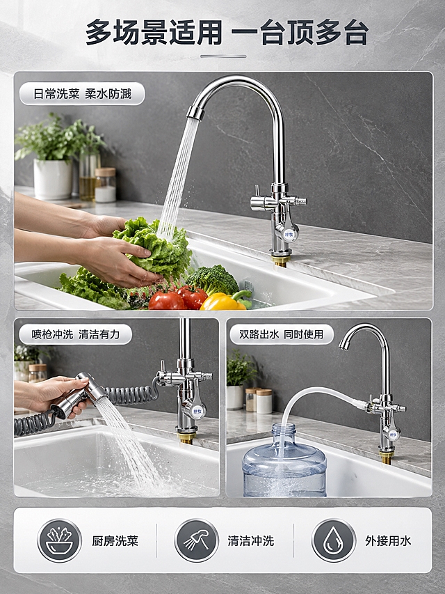 [商品] 使用【图1】梓牧双用厨房冷热水龙头；保留镀铬银色外观、高弯弯曲水管、侧面分水器、单手柄控制、底部黄铜安装接口、梓牧圆形Logo；产品精修，去除指纹水渍灰尘，增强金属电镀镜面光泽，不改变结构和比例。
[画面] 使用场景页，目标展示多场景适配价值。上中下三段式构图，上段大图展示现代厨房水槽边日常洗菜场景，水龙头出水柔和，水槽内有蔬菜和水流；中段左右两个小场景图，左侧展示侧面分水器接喷枪冲洗水槽的使用场景，右侧展示接水管给容器接水的场景；下段放总结性卖点。所有场景统一现代简约厨房风格，浅灰岩板台面、白色水槽、深灰墙面。
[视觉] 套系策略：风格=大气高级现代商业摄影；标题字=思源黑体加粗无衬线；正文字=思源黑体常规；主色=深灰银；背景延展=基于深灰水磨石与浅灰岩板做深浅层级、同色系渐变和真实石材纹理；强调色=金属银，仅用于小面积图标、引线和标签；标题色=深炭灰色；正文色=中灰色；组件=圆角白底细边场景卡、细银线分割线；光影=自然光感，顶侧光均匀明亮，场景真实自然，像真实家庭厨房实拍。
[文字] 顶部大标题"多场景适用 一台顶多台"。上段主场景图配标签"日常洗菜 柔水防溅"。中段左右场景图各配标签：喷枪冲洗 清洁有力、双路出水 同时使用。下段三个圆形图标加文字：厨房洗菜、清洁冲洗、外接用水。文字全部横排，清晰易读。
[规格] 图片比例3:4竖版，2K分辨率，medium质量。避免变形、错字、文字过小、产品结构改变、电镀质感失真、悬浮穿模、平台Logo水印。