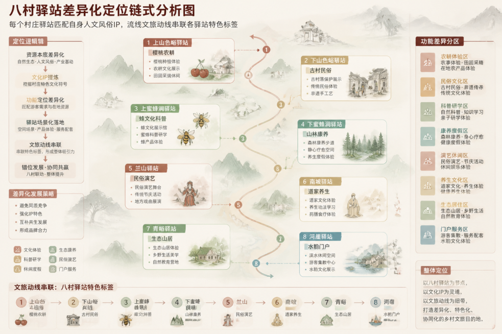 参考上传图片的分析图版式风格，生成八村驿站差异化定位分析图：八村驿站差异化定位链式分析图，每个村庄驿站匹配自身人文风俗IP：上山色峪樱桃农耕、下山色峪古村民俗、上蜜蜂涧蜂文化科普、下蜜蜂涧山林康养、兰预览效果