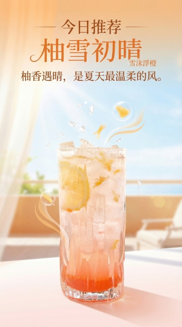 以饮品“柚雪初晴”为主题的夏日饮品宣传海报，右侧的渐变粉橙带柠檬片的冰饮作为画面主体，背景为清新明亮的夏日晴天氛围，带有柚子果肉、细碎冰粒、浅淡柚香飘动的写意元素，整体风格清新治愈，暖橙与浅粉的柔和配预览效果