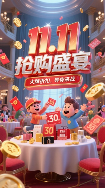 主标题"11.11抢购盛宴"，副标题:"大牌折扣，等你来战"。主标题为强烈的3D字体，颜色为红色和金色渐变，带有闪亮效果。副标题颜色为银白色。背景为豪华的购物盛宴大厅，桌子上摆满了各种特卖商品和折扣标预览效果