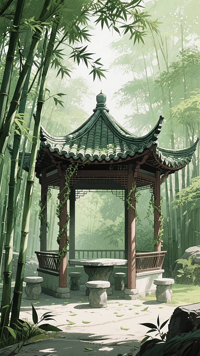 古风，绿色，亭子，不要人，二次元，细节丰富，生成4张